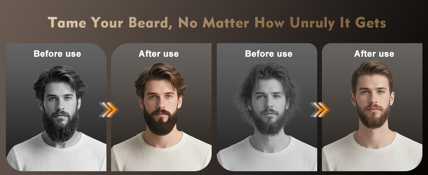 Le texte dit « Apprivoisez votre barbe, peu importe à quel point elle devient indisciplinée ». Comparaison avant et après montrant les résultats du toilettage de la barbe dans quatre panels.