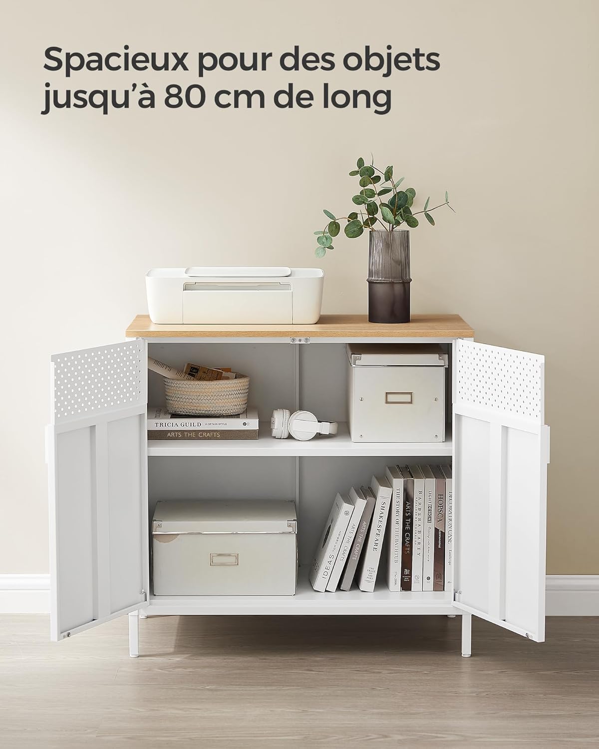 SONGMICS - Buffet double porte métal, 40x80x76cm, bois/blanc, LSC102W57