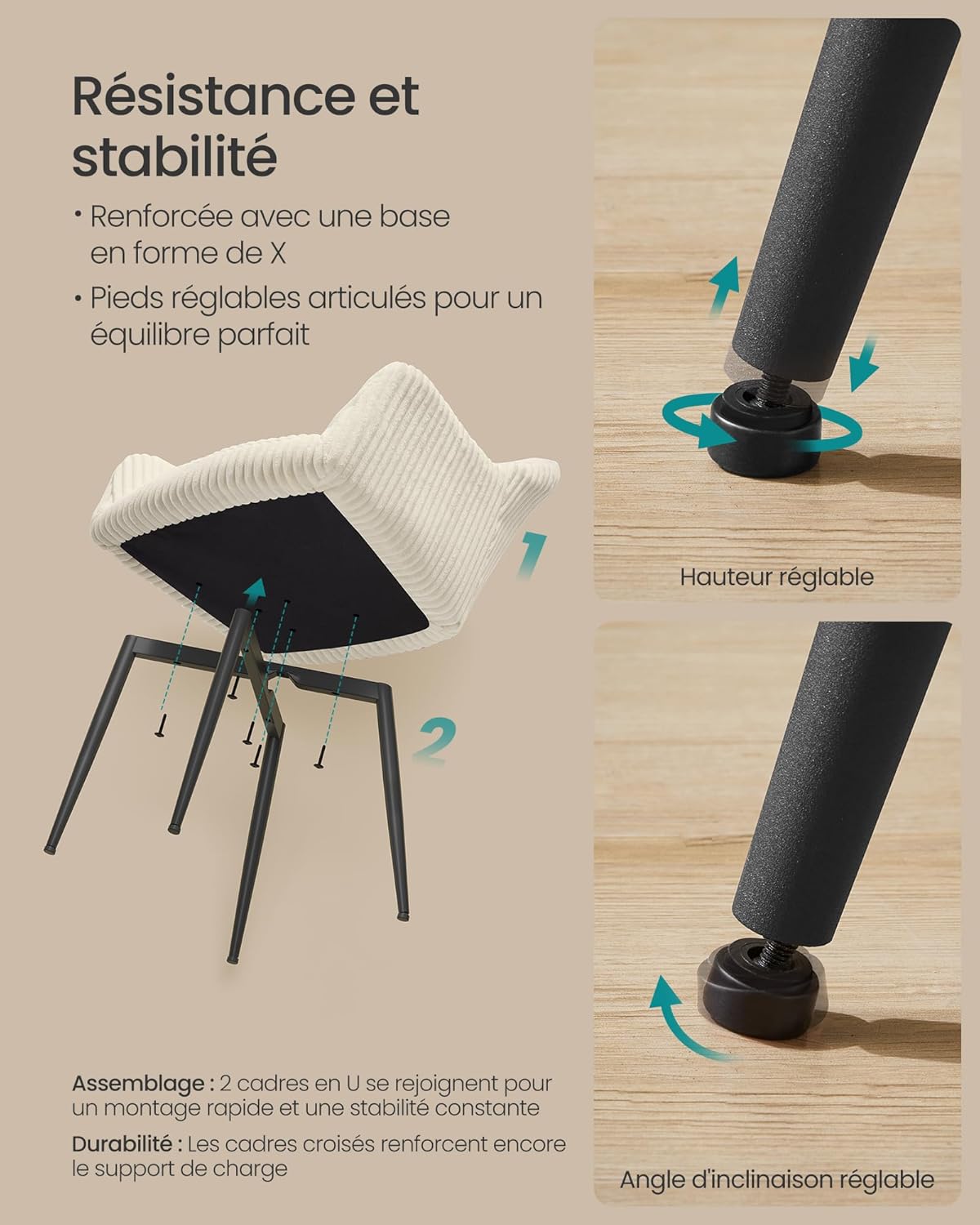 SONGMICS - chaises salle à manger velours, 120 kg, accoudoirs, métal, LDC087WD01-4J