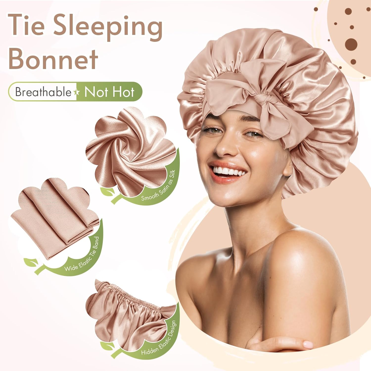 BONNET QUEEN - bonnet satin moyen - ajustable, élastique long, boucle, champagne