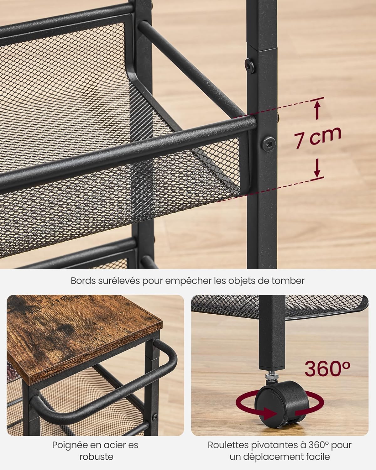 VASAGLE - desserte cuisine 5 niveaux - 22x45,4x99,6 cm - roulettes, acier, poignée, LRC035B01