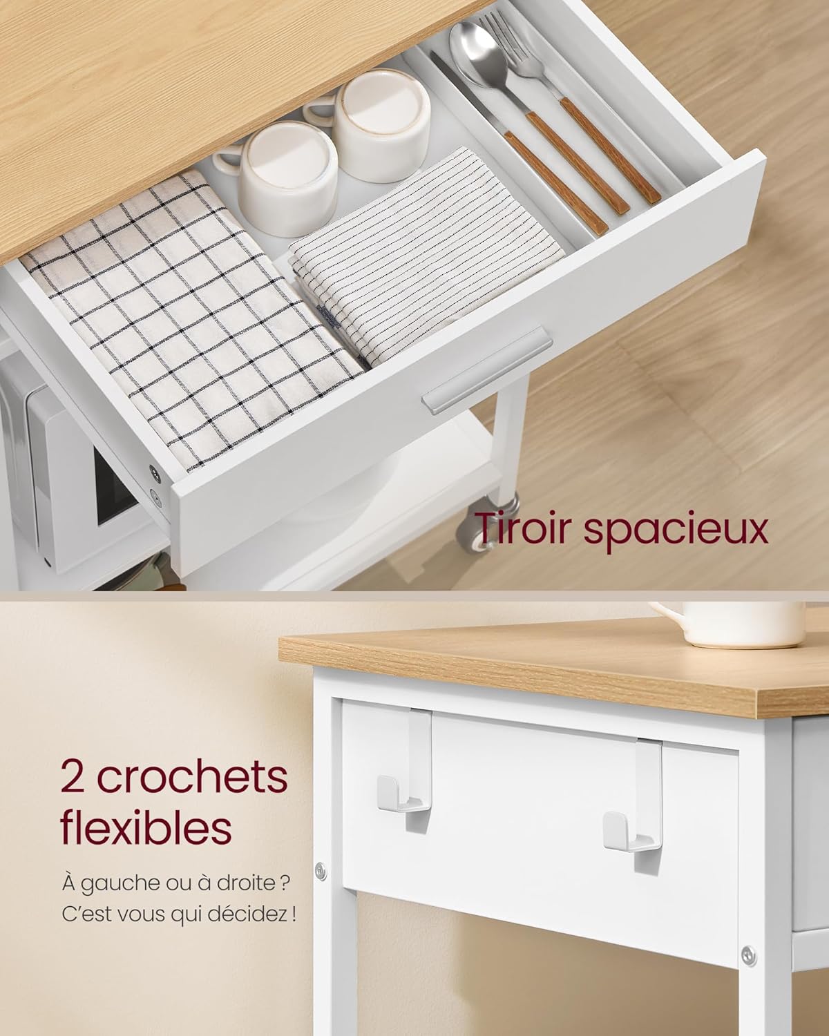 VASAGLE - desserte cuisine mobile - 45x60x90 cm - tiroir, crochets, KKI007Y01