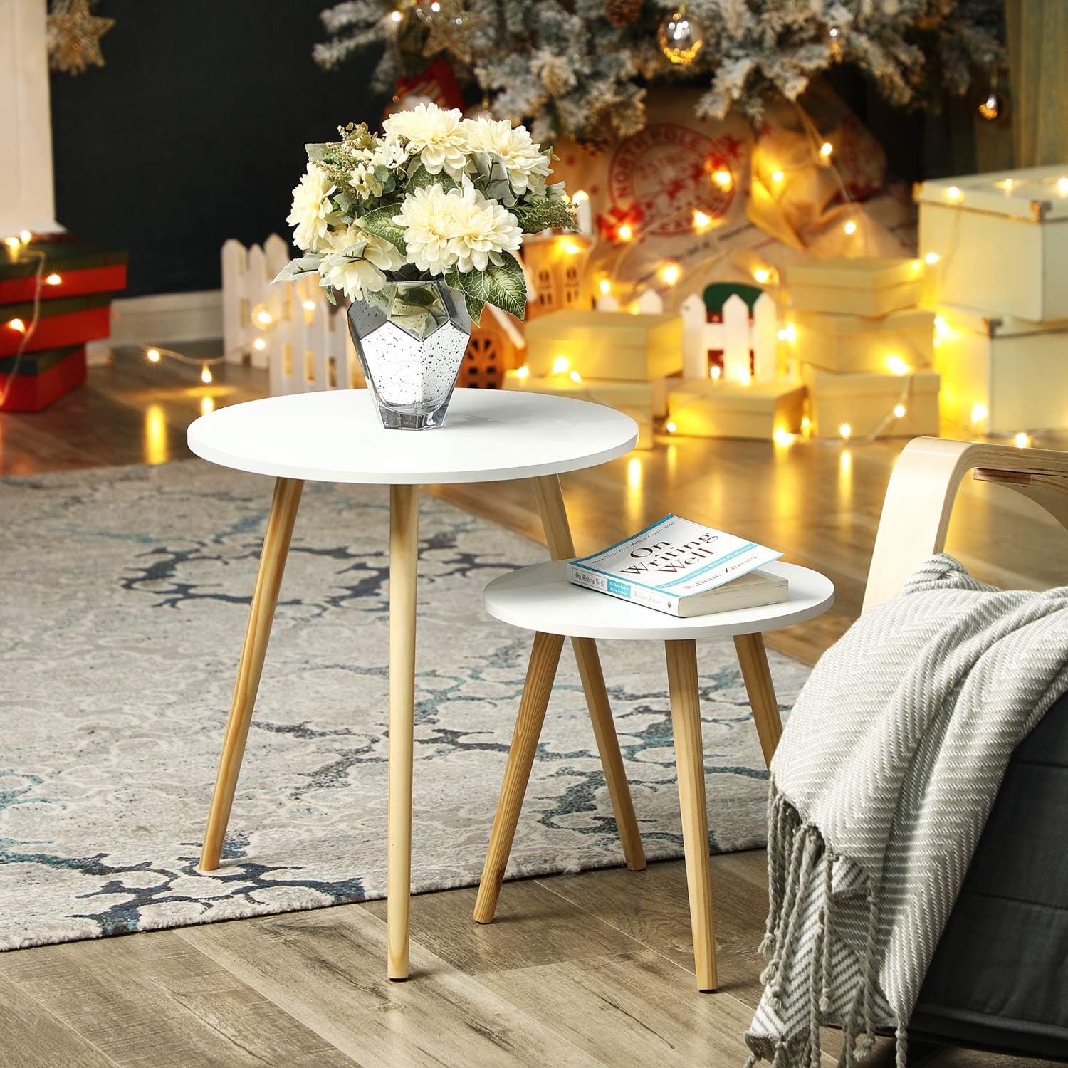 SONGMICS - table basse ronde lot de 2, bois de pin, style scandinave, LET07WN