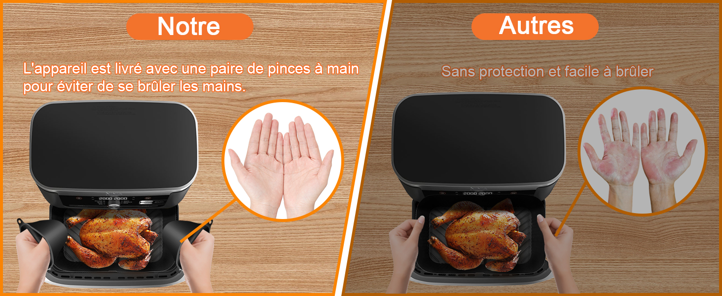 Le texte se lit comme suit : « Notre » et « Autres ». Images de comparaison montrant la préparation des aliments sur une surface de cuisson noire avec des mains démontrant l'utilisation.