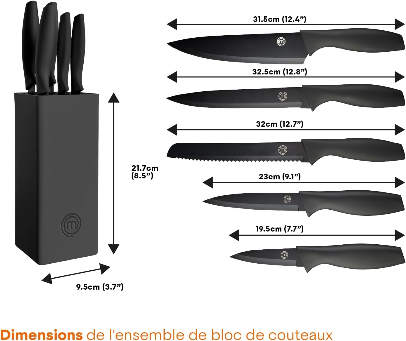 MasterChef - Bloc couteaux cuisine - inox, manches ergonomiques, noir