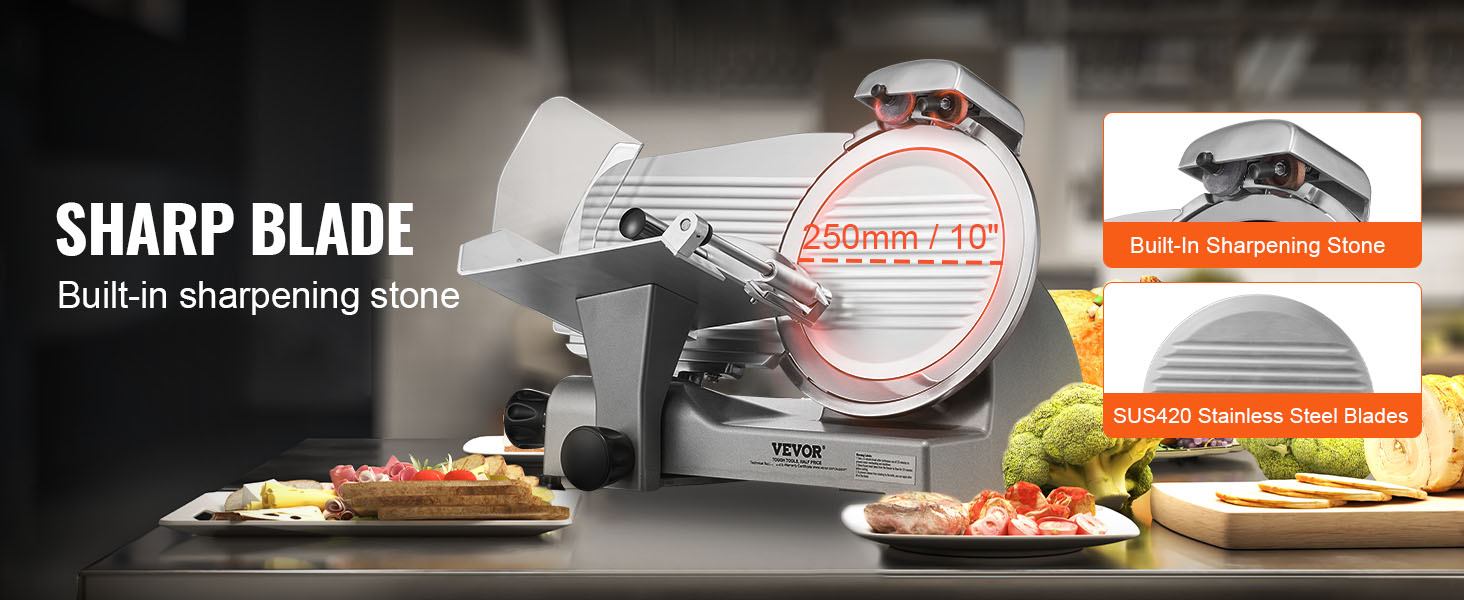 Le texte indique « LAME TRANCHANTE » et « Pierre à aiguiser intégrée ». Plusieurs panneaux présentent une démonstration d'affûtage de couteaux avec des produits alimentaires tranchés et des caractéristiques de la pierre à aiguiser.