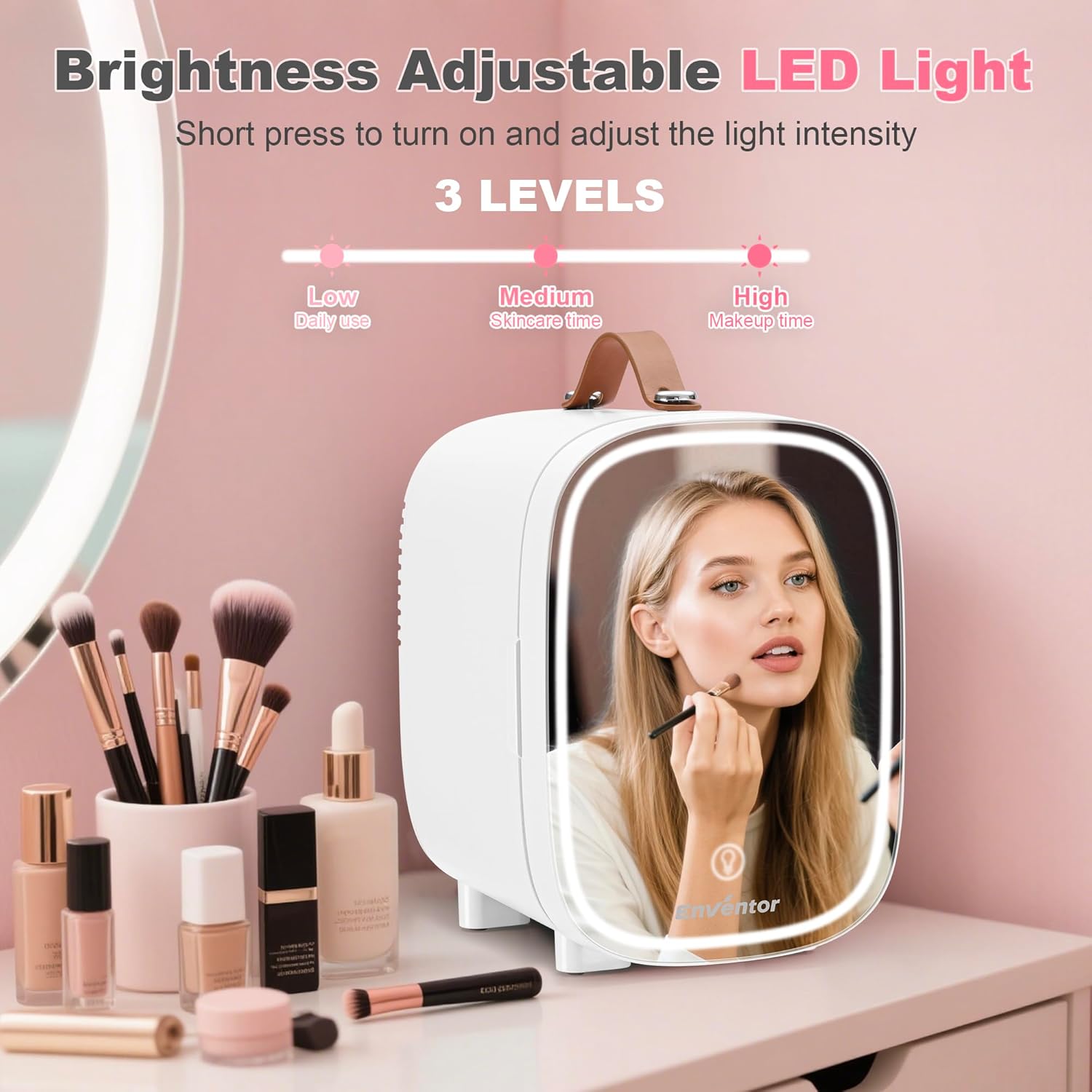 Enventor - Mini Frigo 4L - miroir LED, 6 canettes, CA/12V, blanc