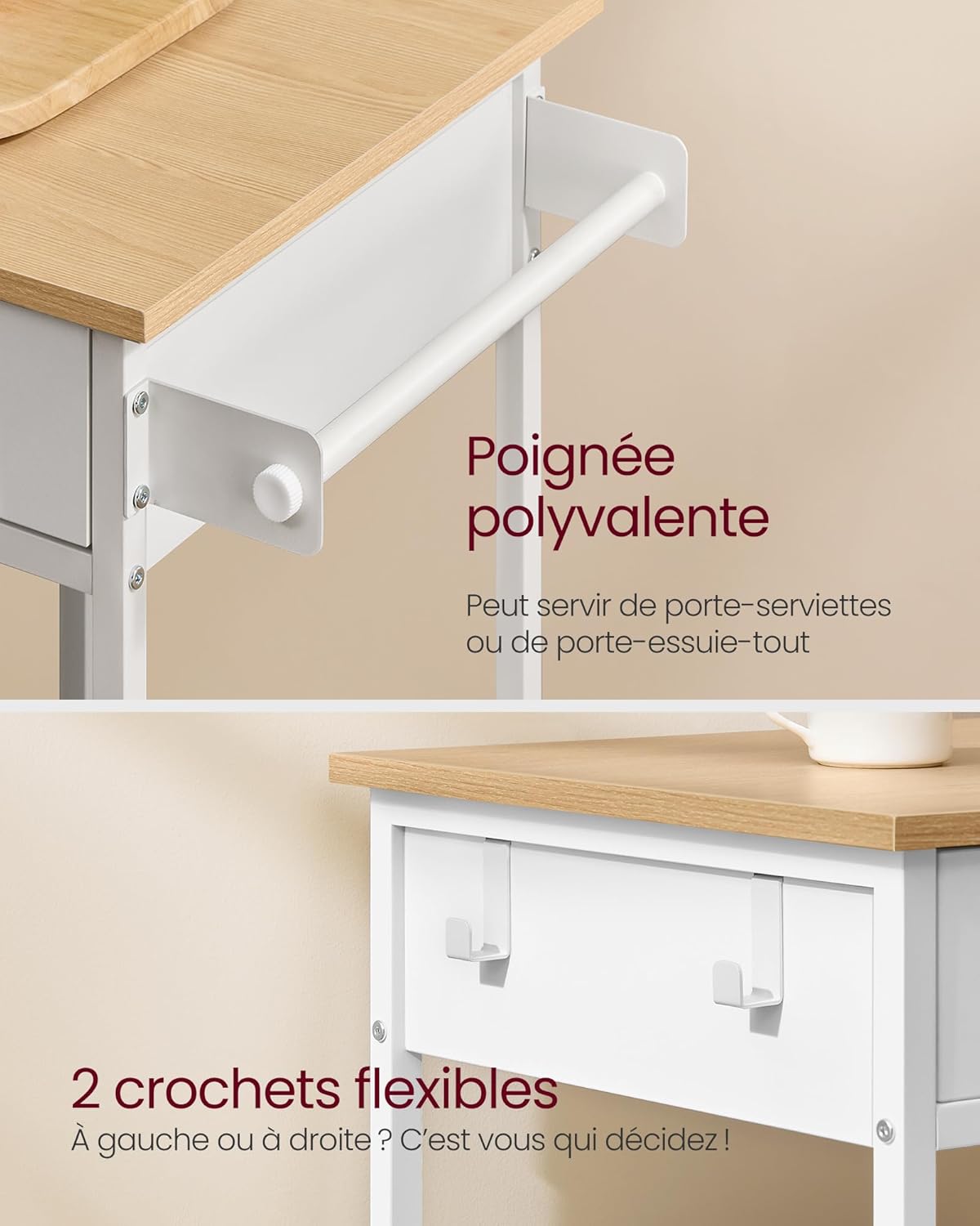 VASAGLE - Îlot cuisine mobile, 98,7x45x90cm, tiroirs, crochets, KKI010Y01