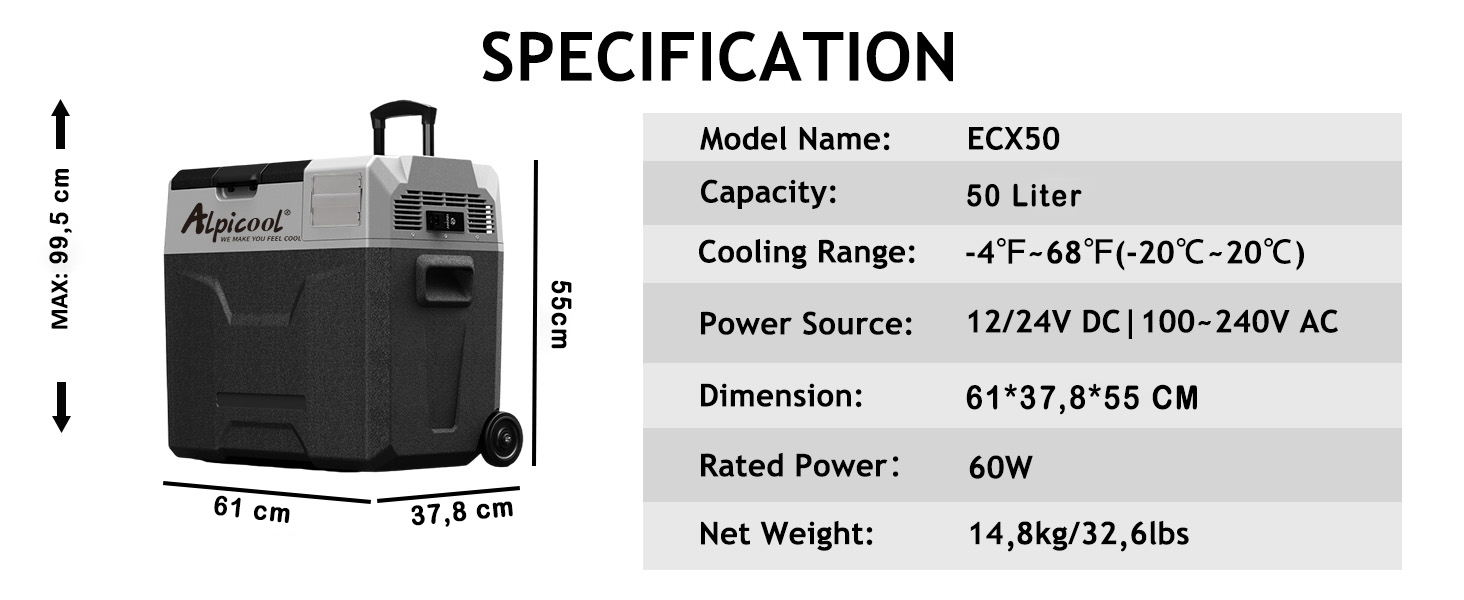 'Alpicool ECX50' avec roues. Capacité de 50 litres, plage de refroidissement -4°F à 68°F, alimentation 12/24 V DC ou 100-240 V AC, dimensions 61x37,8x55 cm,