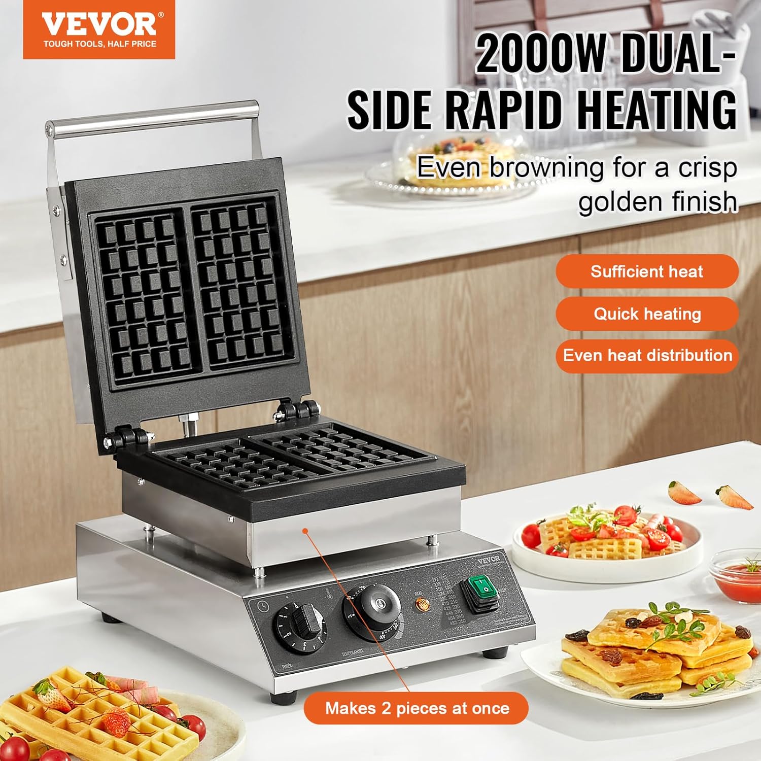 VEVOR - Gaufrier Commercial 2PCs - 2000W inox, antiadhésif, contrôle température et temps