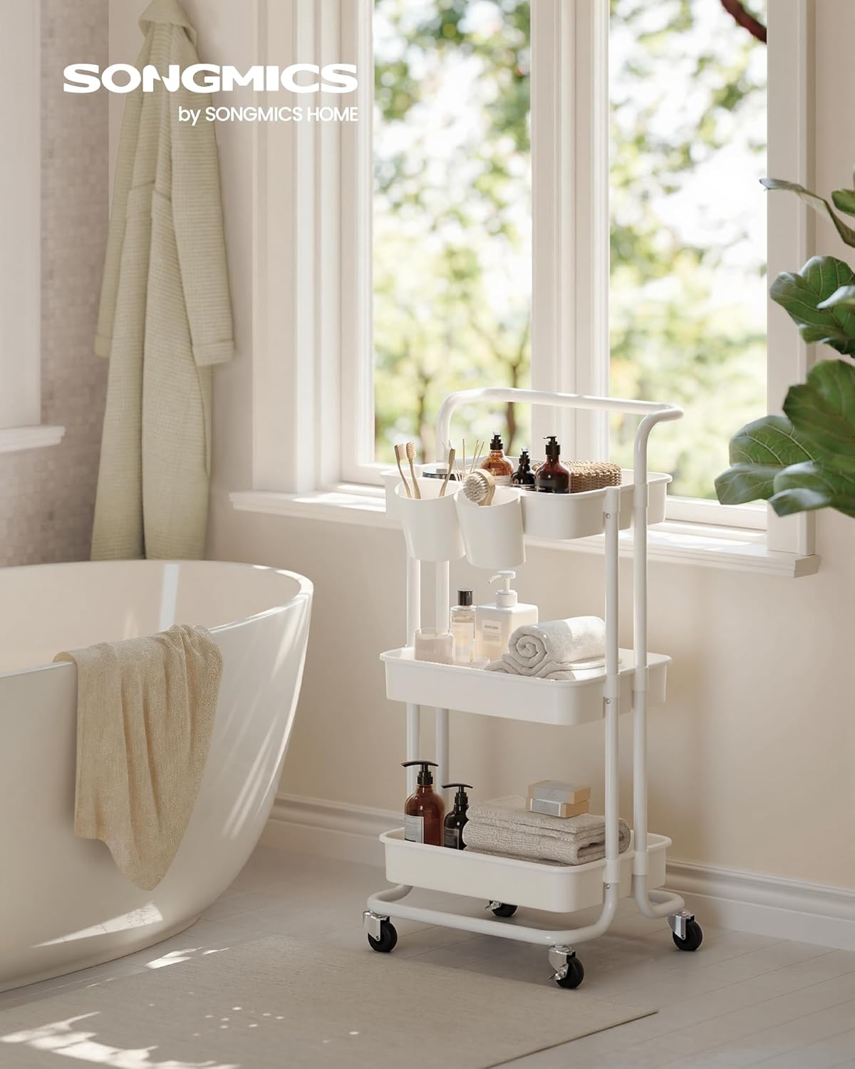 SONGMICS - chariot de rangement 3 niveaux - blanc - 2 pots, 2 freins, poignée, paniers plastiques - BSC067W01