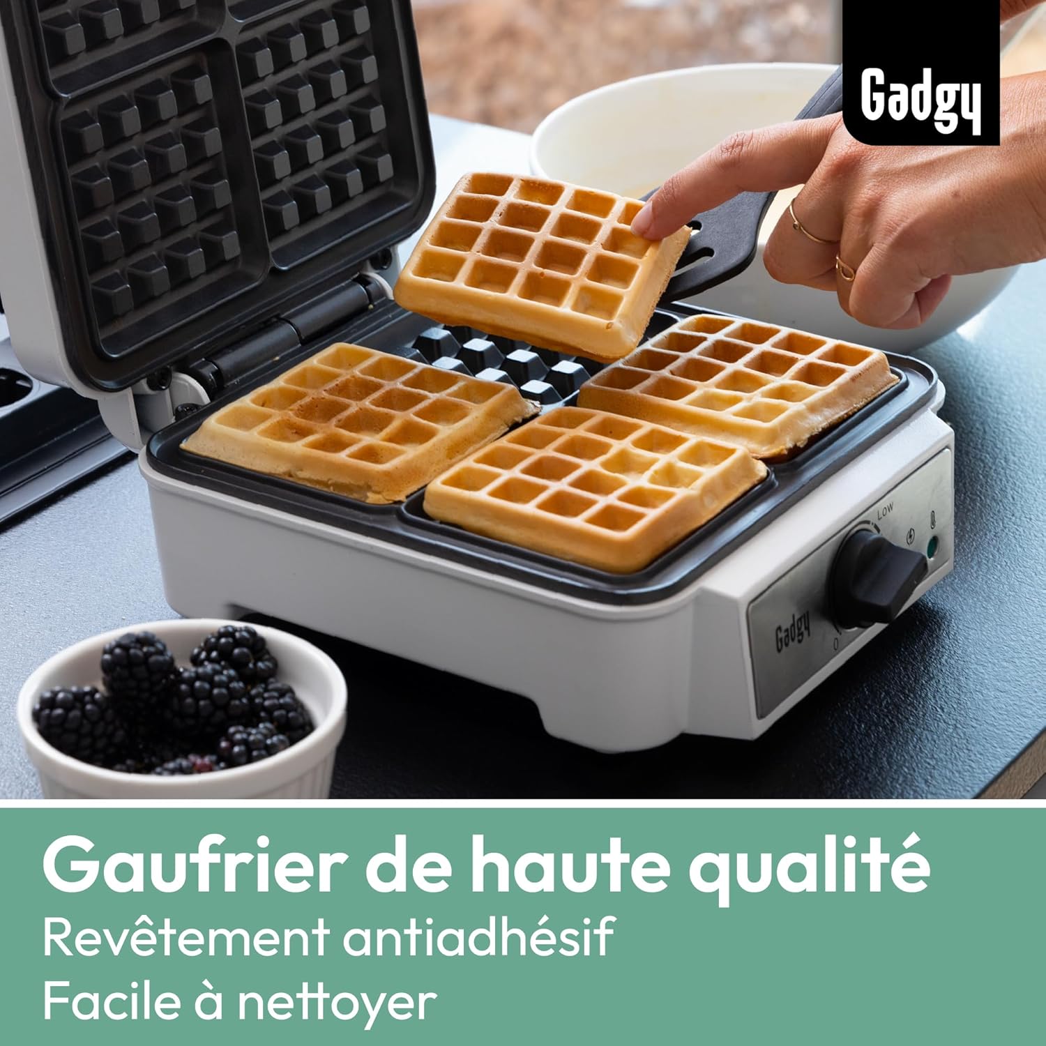 Gadgy - Gaufrier professionnel, 4x 8x8cm, 1200W, rapide et thermostat