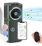 Climatiseur portable avec contrôle par application pour smartphone, télécommande et puissance nominale de 13 000 BTU. Montre le flux d'air avec des feuilles et des flocons de neige.