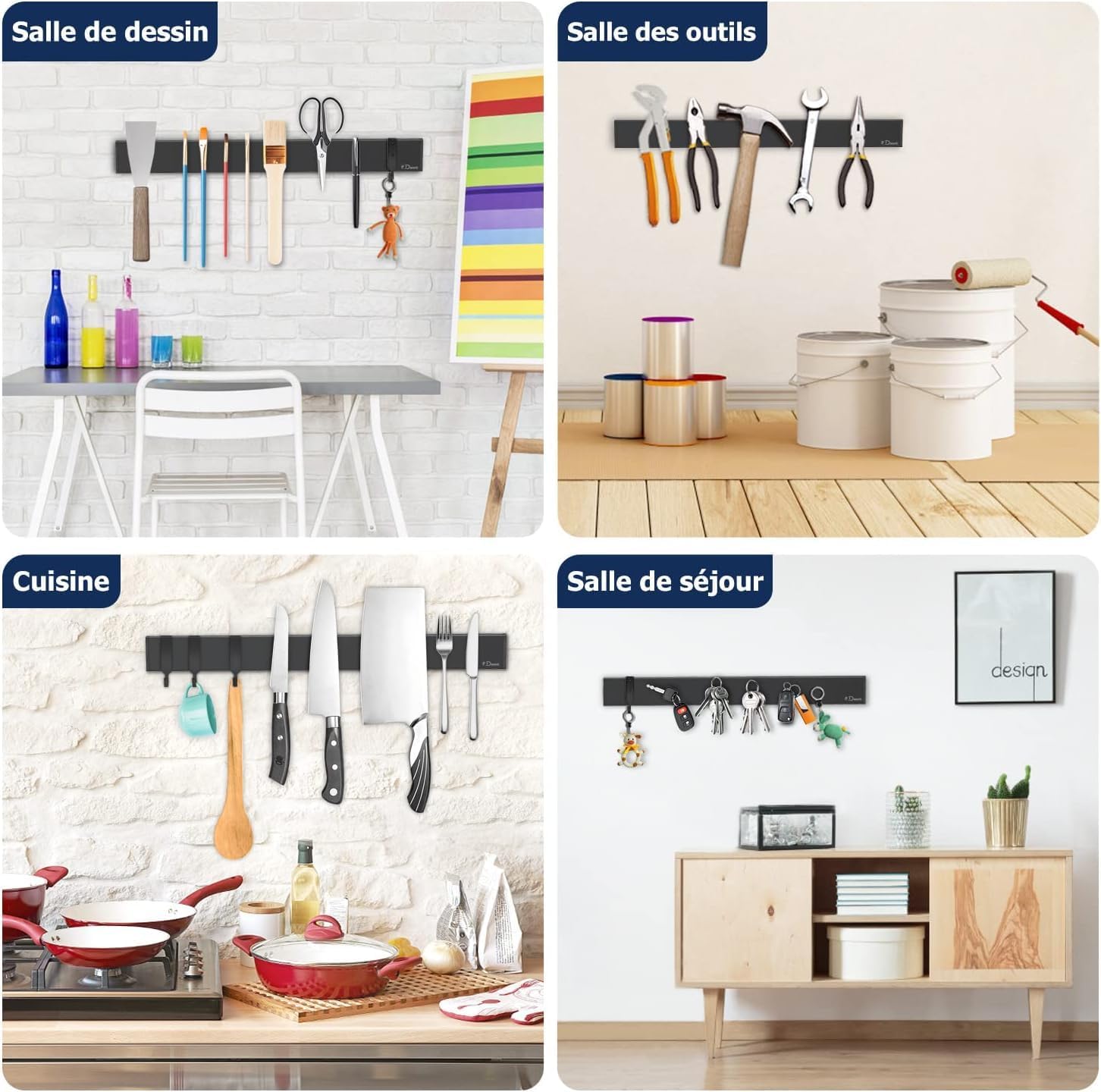 Dmore - porte-couteaux avec 3 crochets - 40 cm - aimant extra-fort, adhésif ou vis