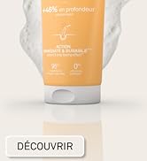 Le texte se lit comme suit : « DÉCOUVRIR ». Photos de l'emballage du produit montrant des contenants orange et blanc avec des effets de fond scintillants ou texturés.