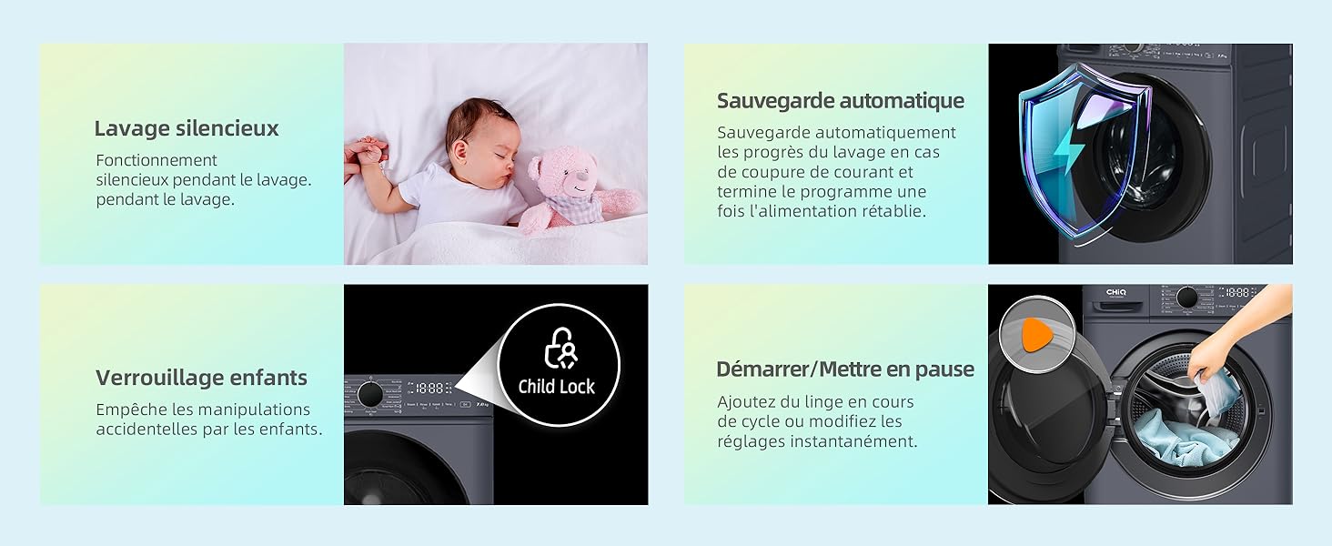 Image composite présentant les caractéristiques de la machine à laver : lavage silencieux, verrouillage enfant, économie d'énergie automatique, nettoyage du tambour et fonction de pause. Comprend des images de bébé endormi et des commandes de la machine.