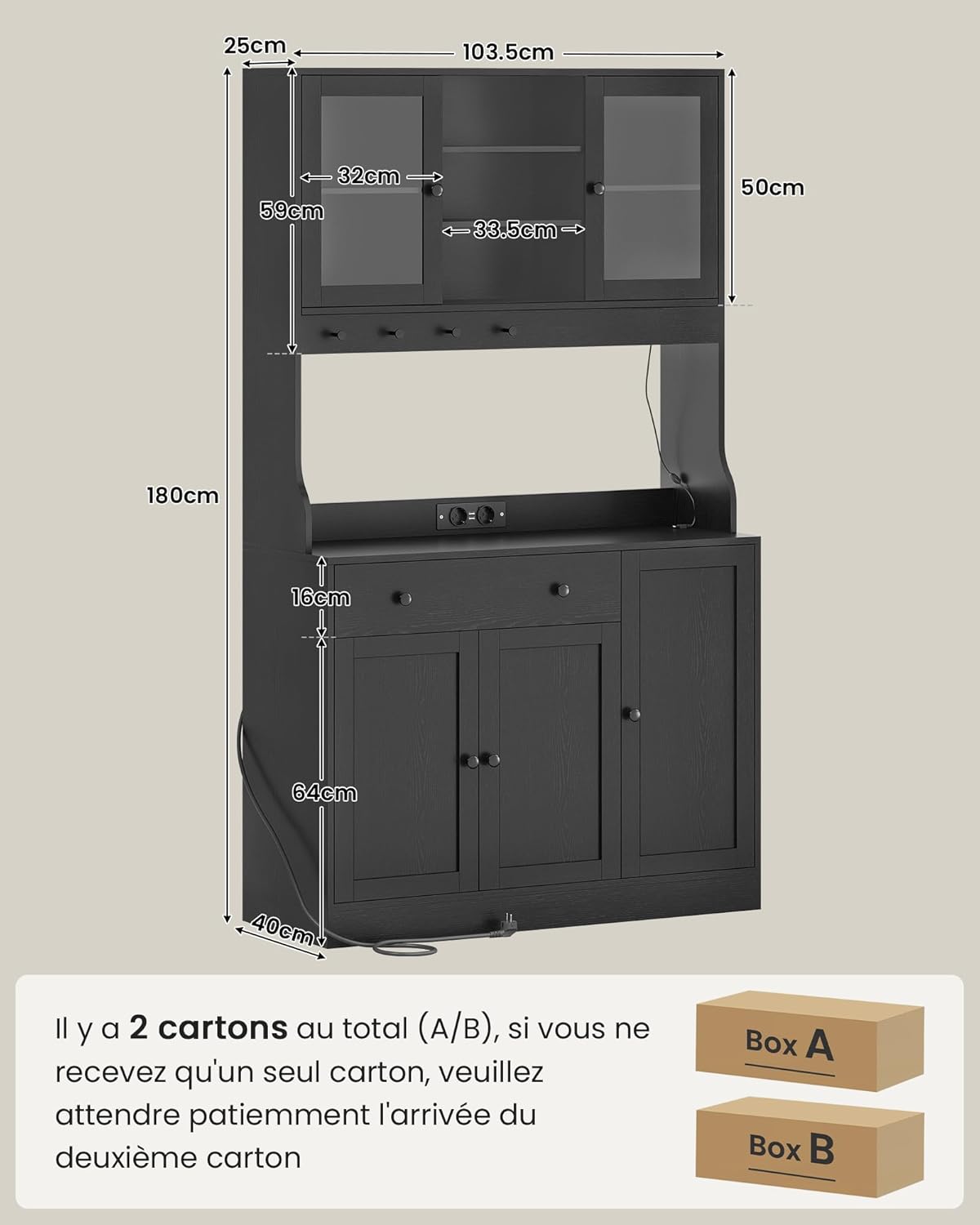 Meuble buffet cuisine - 103,5x40x180 cm - LED, multiprise, rangements
