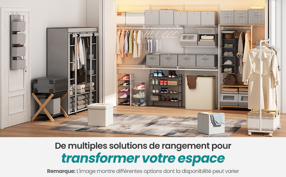 Système de placard ouvert organisé avec étagères, tringles de suspension et boîtes de rangement. Comprend des étagères à chaussures, des tringles à vêtements et des cubes en tissu pour un rangement et une organisation efficaces de la garde-robe.