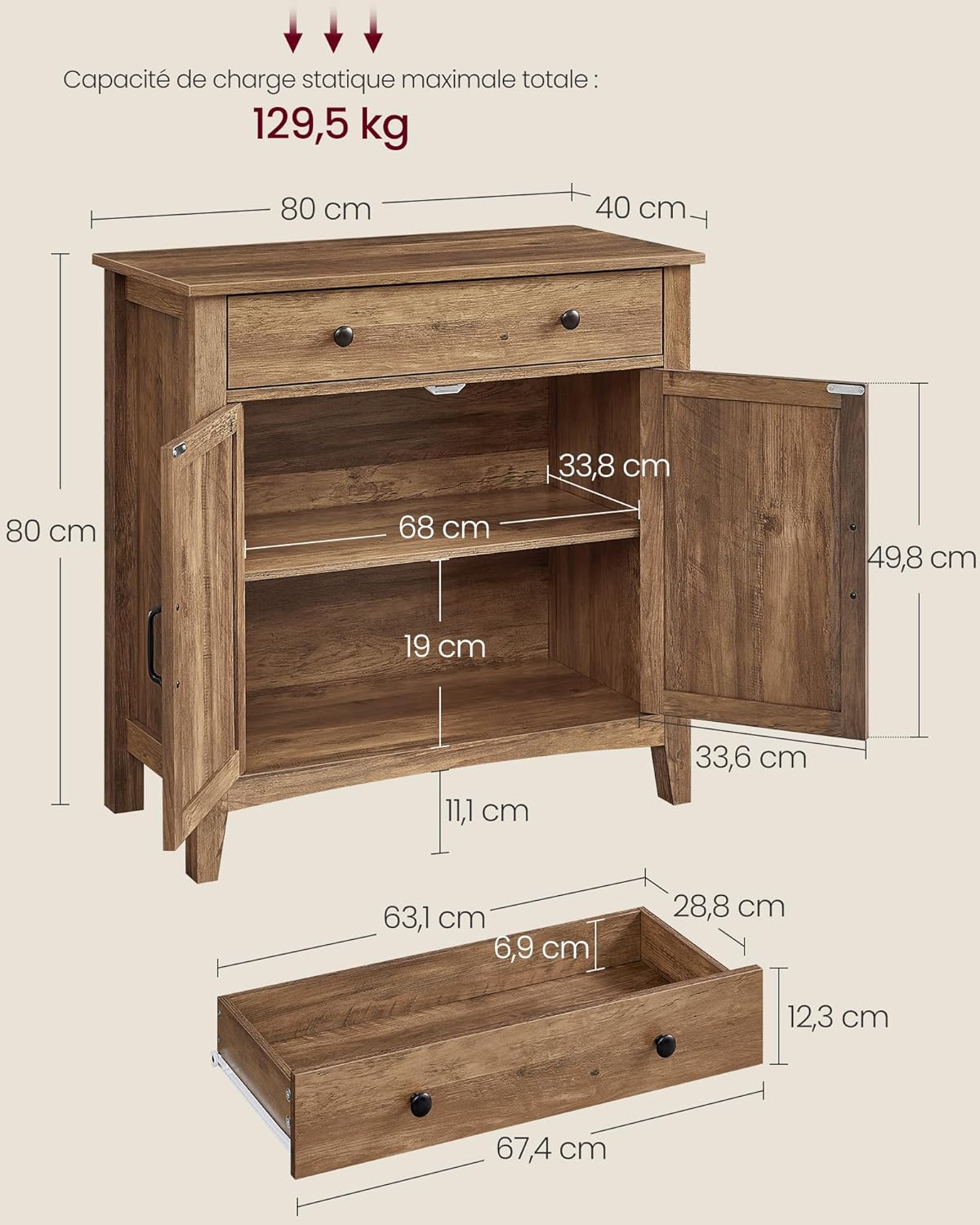 VASAGLE - Buffet Campagne, rangement portes et tiroir, 40x80x80 cm BBK341K01