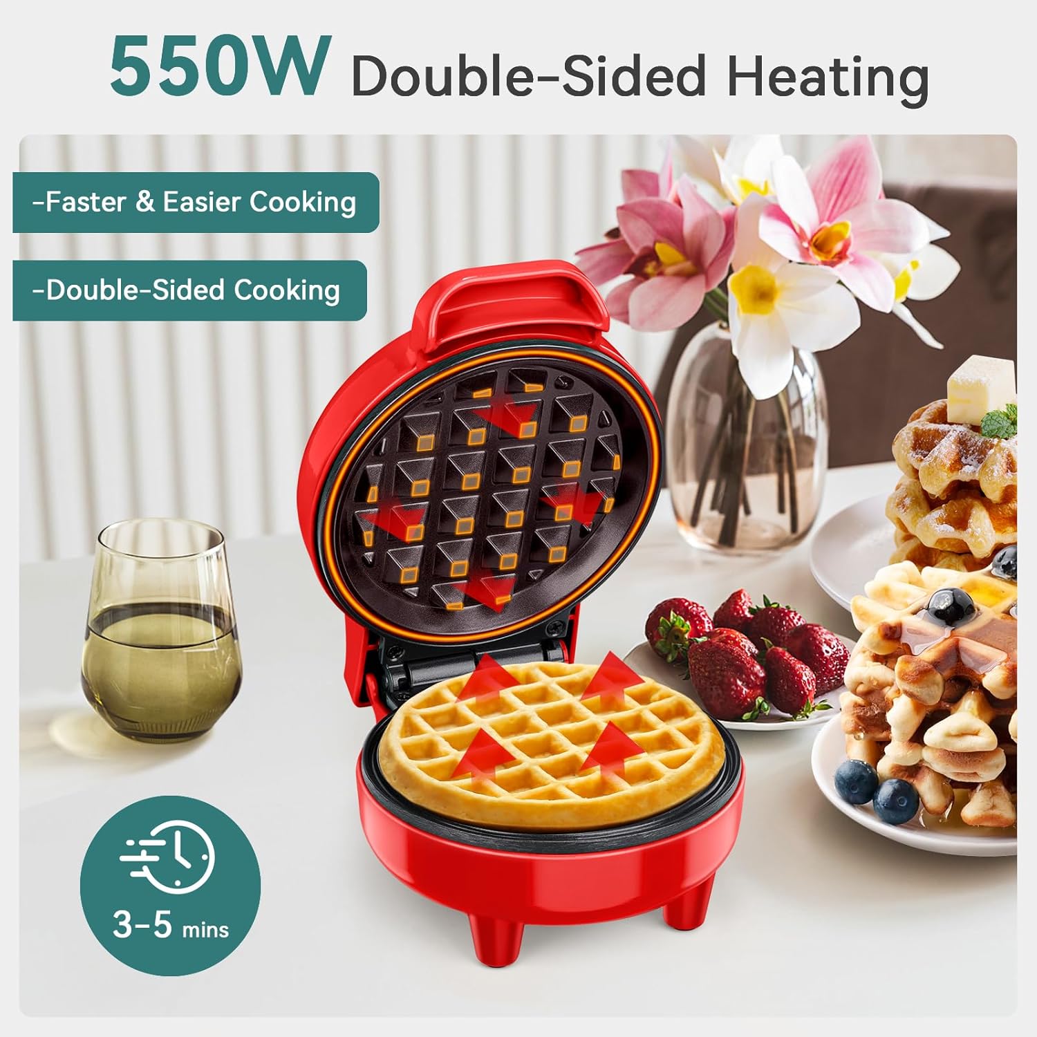 SNAILAR – Mini gaufrier rouge compact, 550W, design mignon