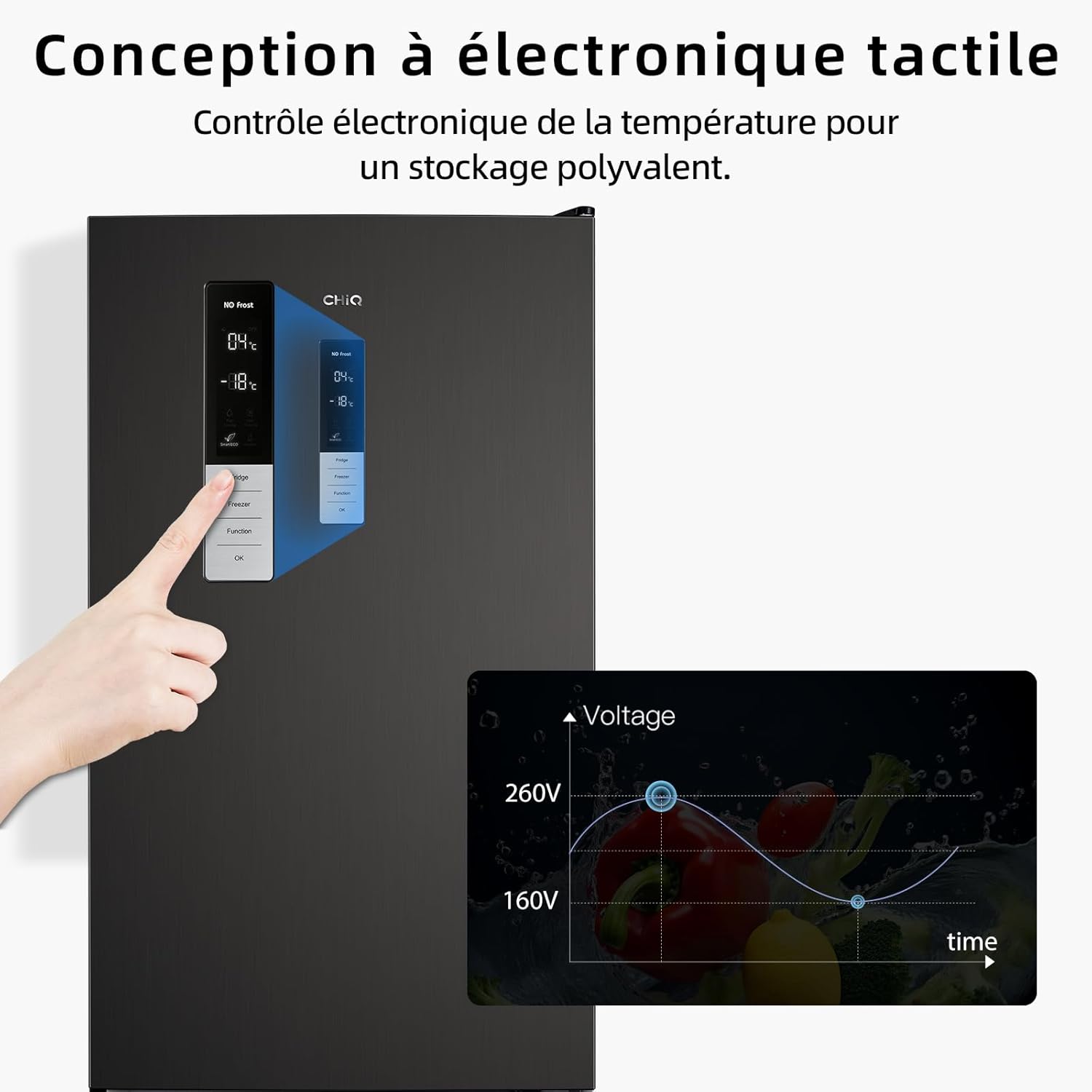 CHIQ - Réfrigérateur congélateur 322L - no frost, multi-air, tactile, 12 ans garantie