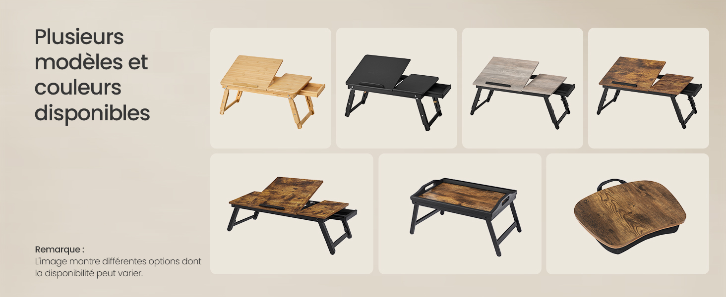 Le texte indique « Plusieurs couleurs disponibles ». Gamme de produits comprenant des lits de camping ou des lits pliants en plusieurs couleurs, y compris des variantes de noir, de gris et de beige.