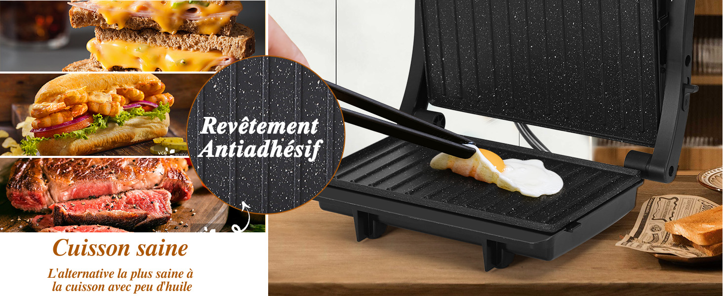 avec surface striée pour cuire divers aliments, notamment des hamburgers et des légumes. Le texte met en évidence la surface antiadhésive et la cuisson saine