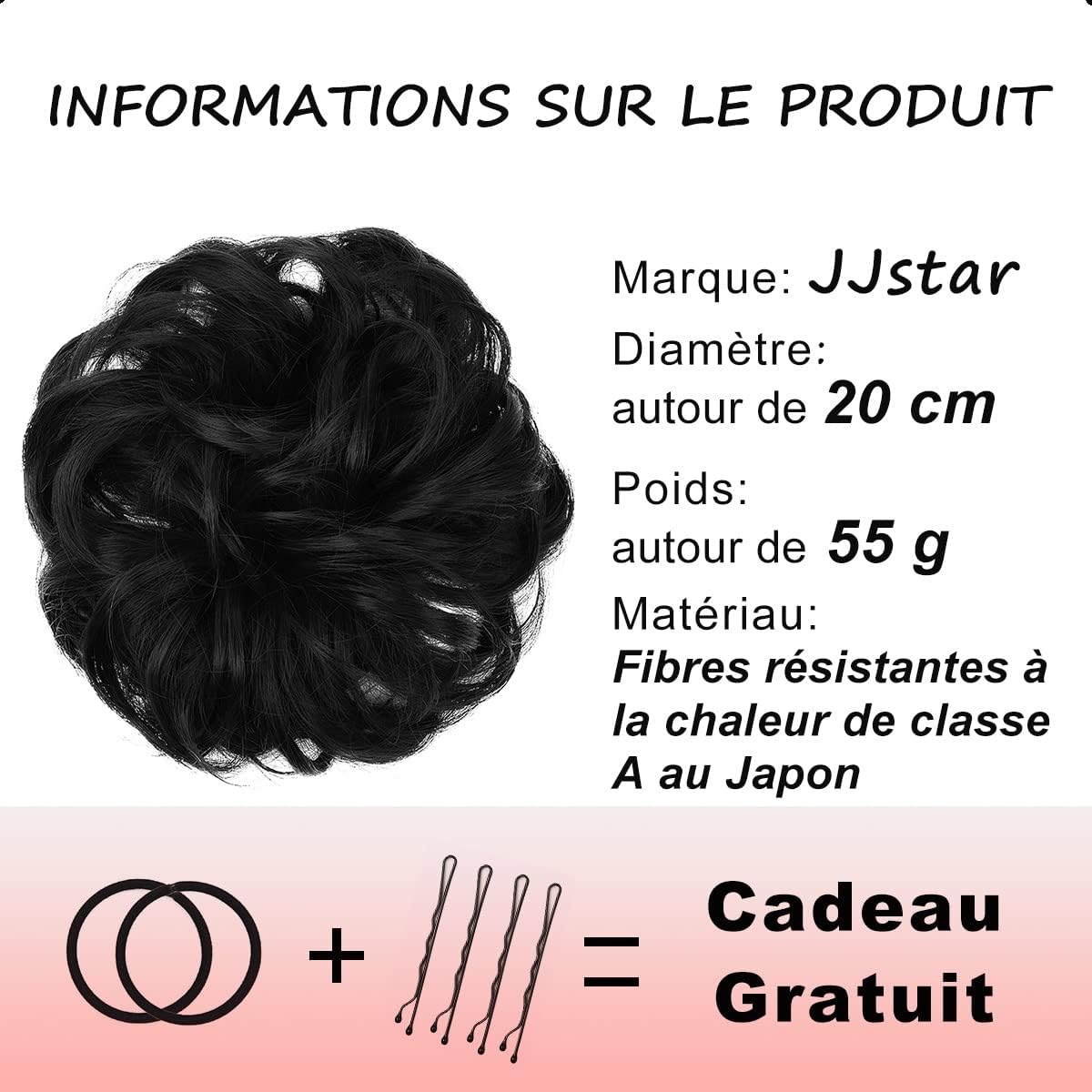 JJstar - Chignon postiche bouclé, cheveux naturels, élastique, noir foncé