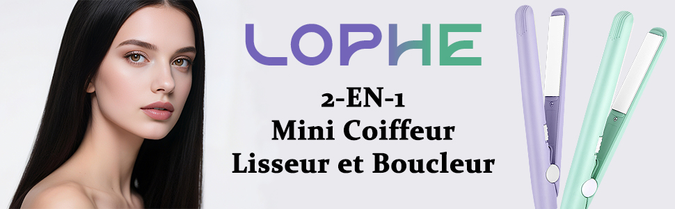 Le texte indique « Mini Coiffeur Lisseur et Boucleur 3-EN-1 LOPHE ». Publicité de produit de beauté montrant du texte sur fond blanc.