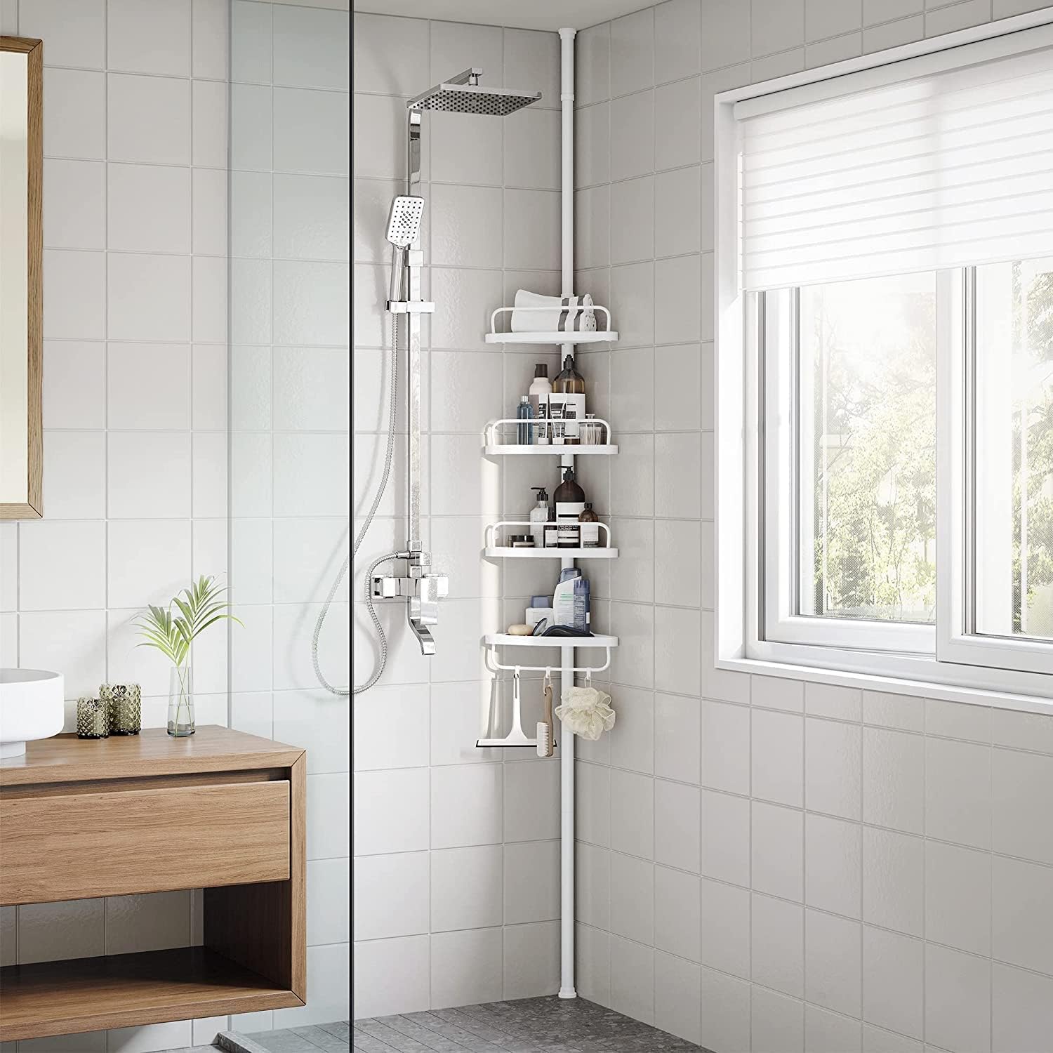 SONGMICS - étagère d'angle télescopique 85-305 cm - 4 niveaux, hauteur réglable, salle de bain BCB001A