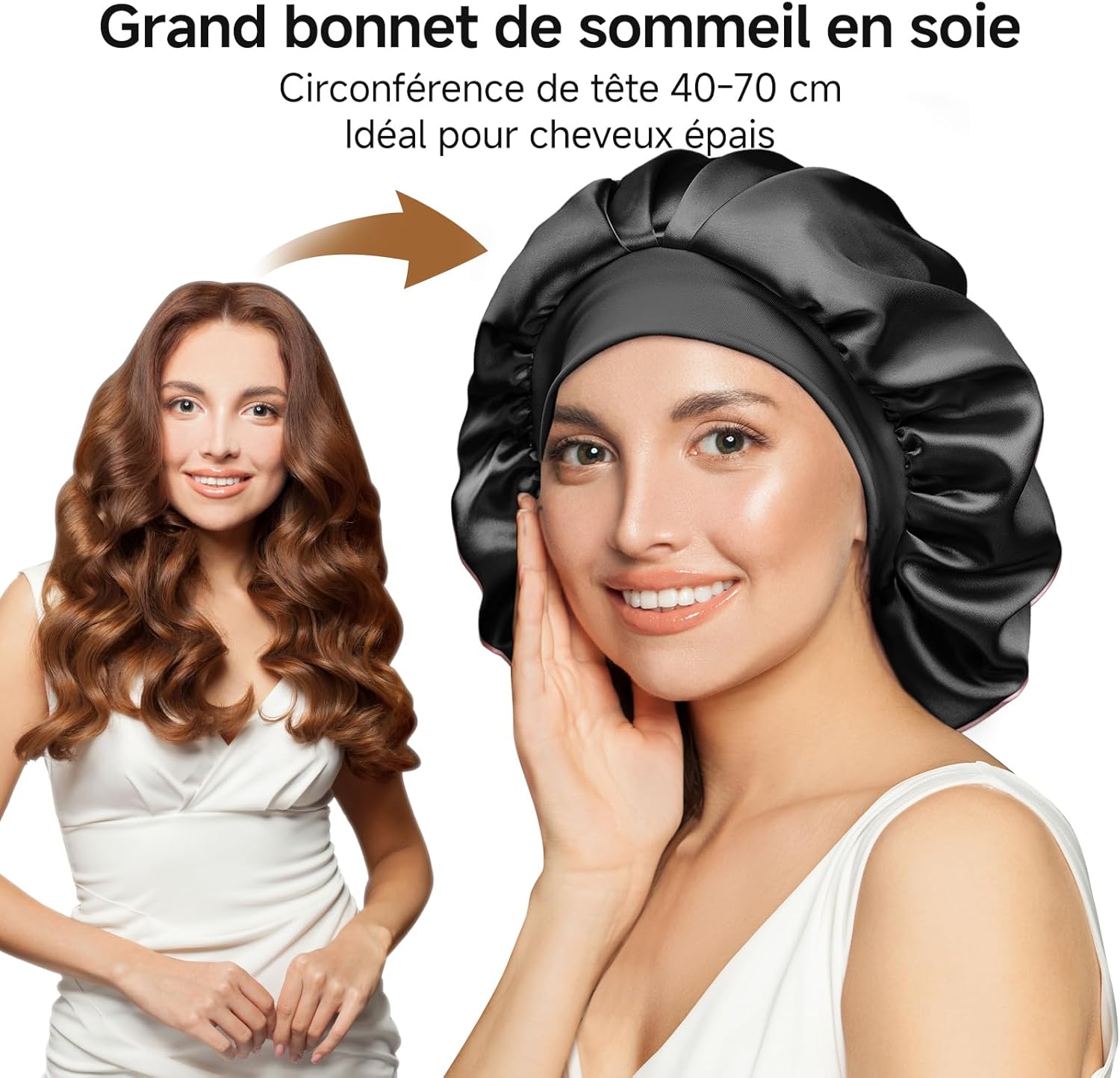 Umisleep - Bonnet nuit soie 22 Momme - grande taille - double couche, large bande, ultra-doux, noir/violet