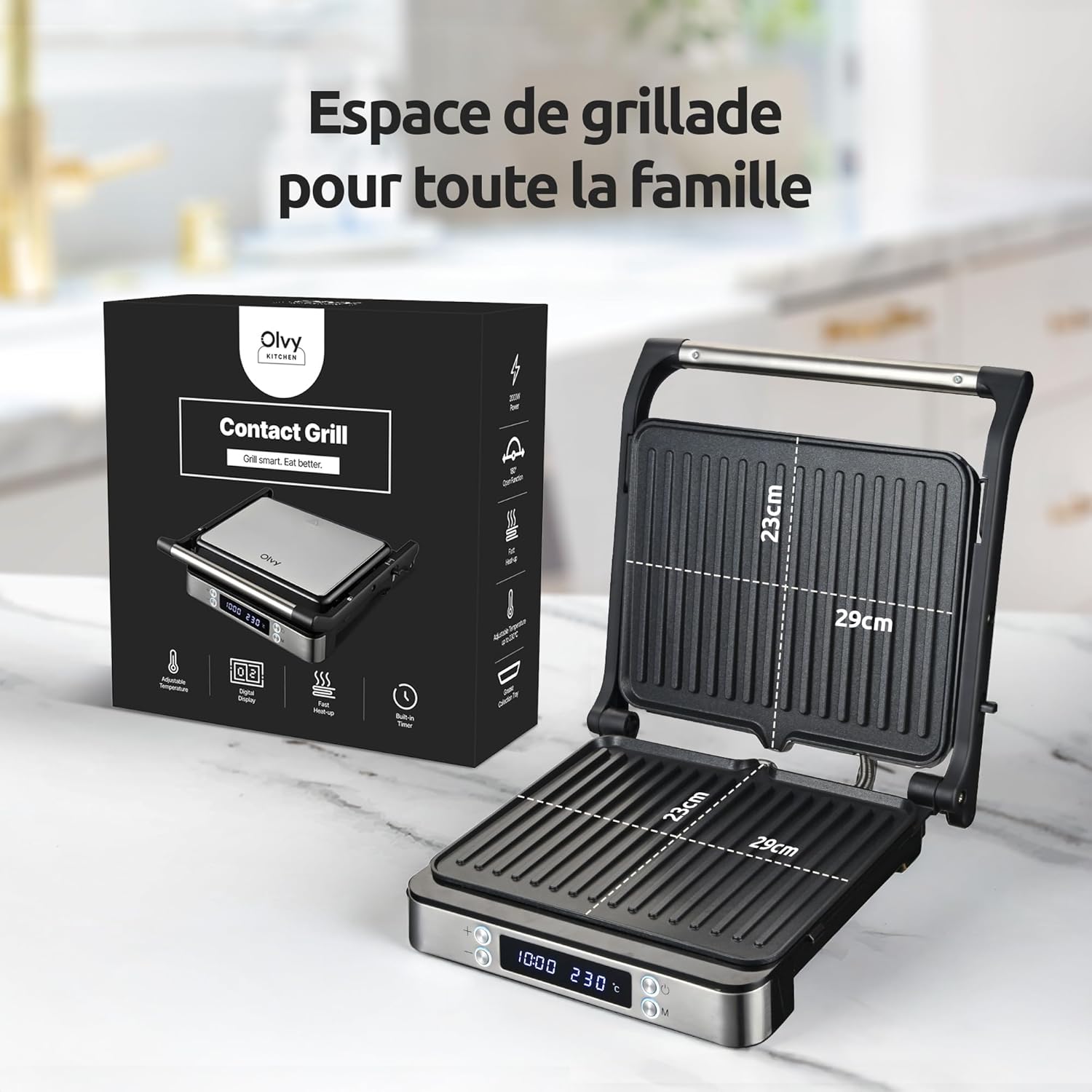 Olvy - Appareil à Croque-Monsieur 3-en-1, 2000W, plaques antiadhésives, ouverture 180°, température réglable, minuterie,