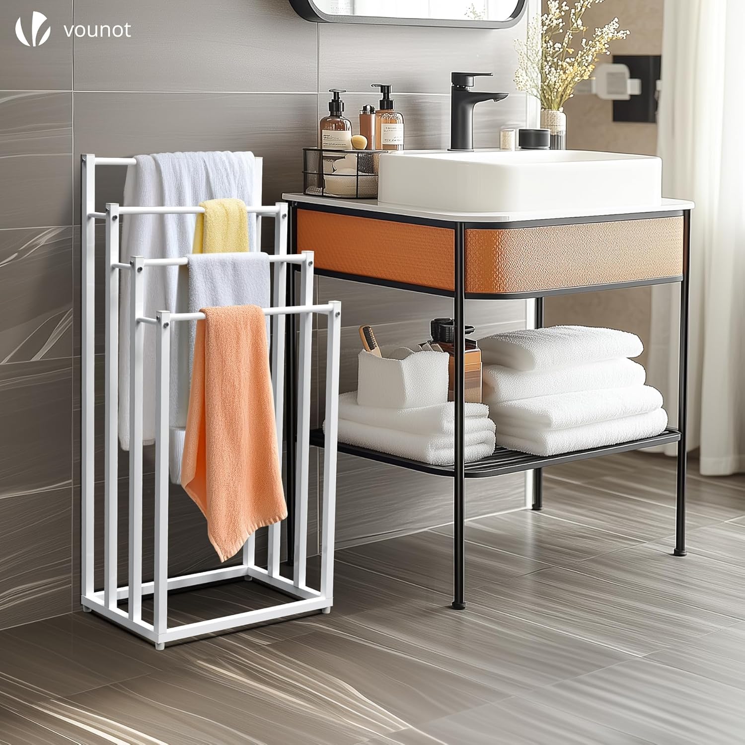 Vounot - porte-serviettes autoportant, 4 niveaux, métal blanc, rangement stable