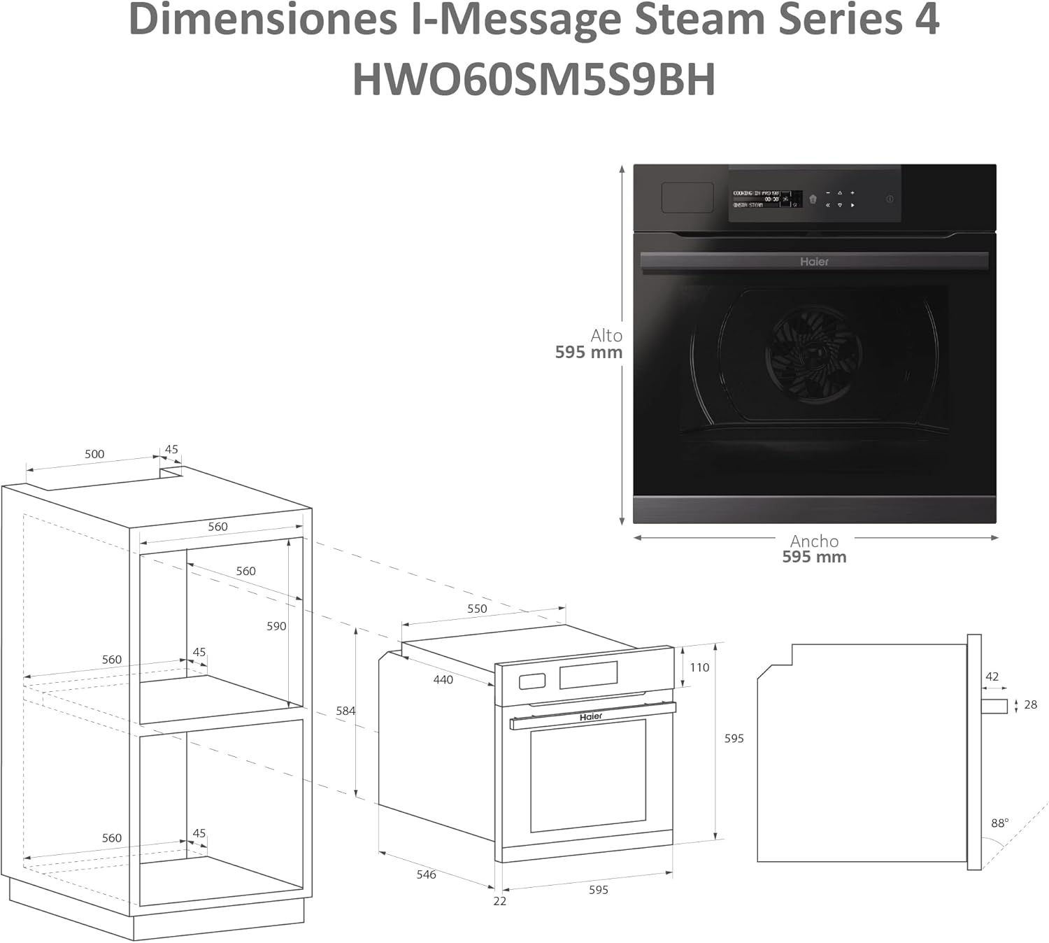 Haier - Four encastrable Série 4, 70L, pyrolyse, Wi-Fi, noir HWO60SM5S9BH