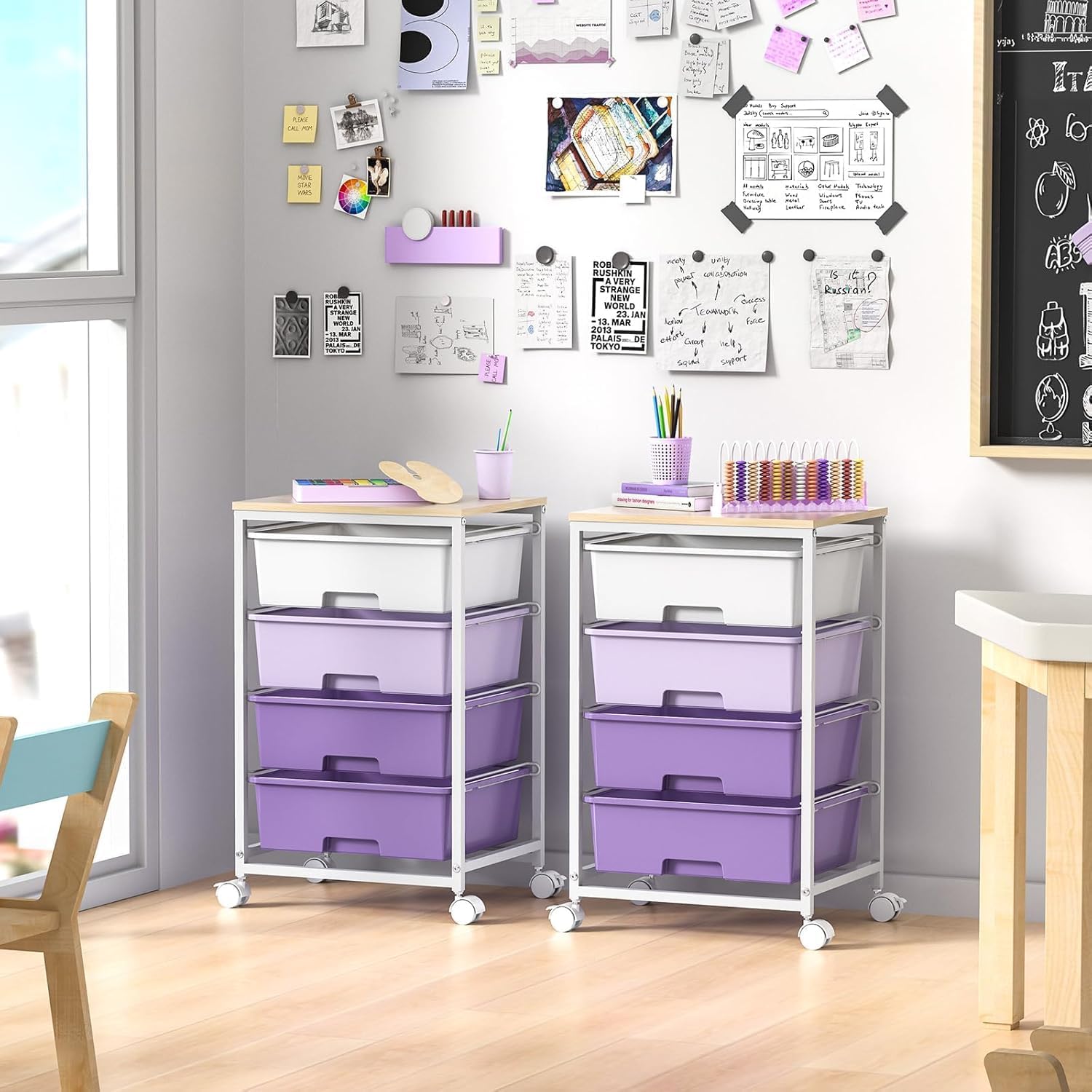 Chariot de rangement à 4 tiroirs, plateau bois, grande capacité, violet, dimensions compactes, roulettes mobiles