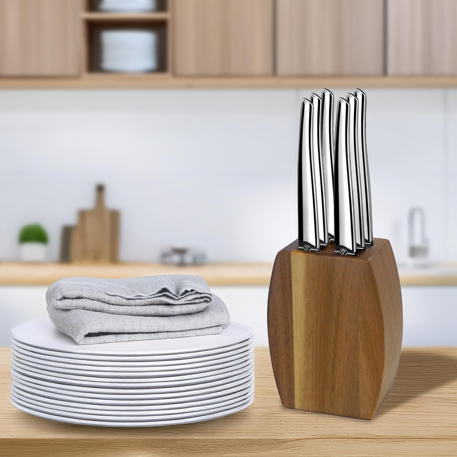 Lou Laguiole - Jet - 9x5x12 cm - Bloc bois acacia, 6 couteaux inox 13C