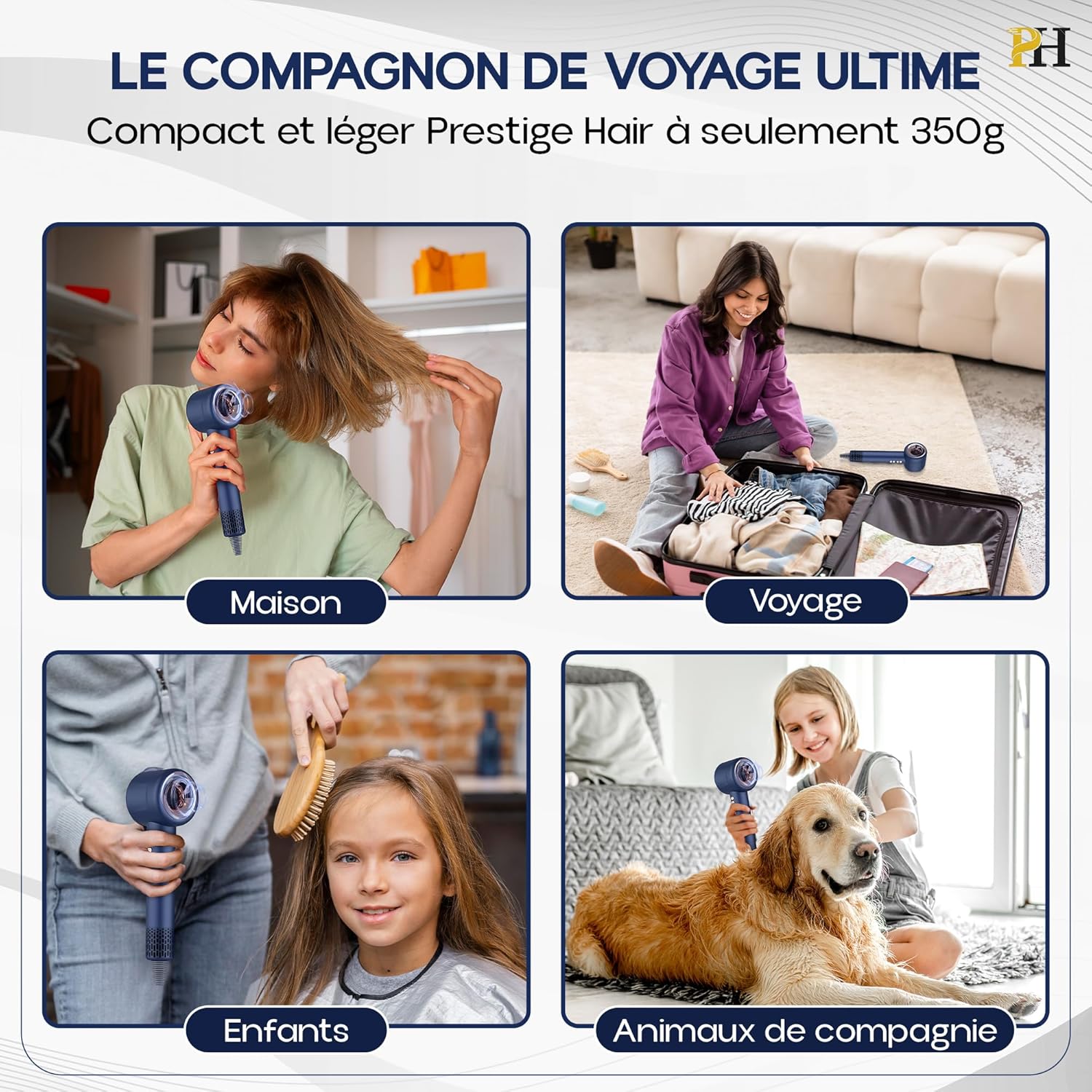 Sèche-cheveux ionique - compact, léger, silencieux, accessoires, air froid