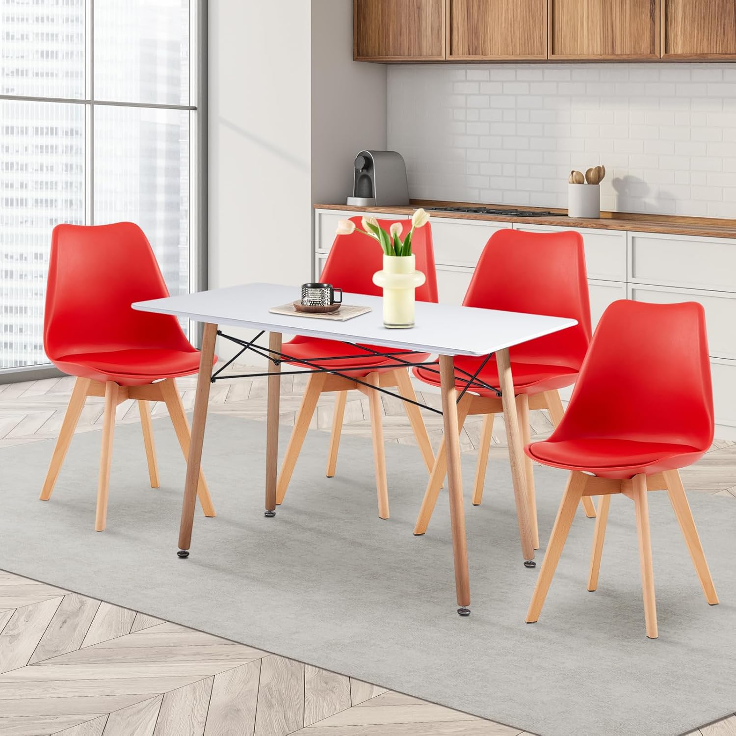 EGGREE - Lot de 4 chaises scandinaves - bois hêtre - assise rouge rembourrée
