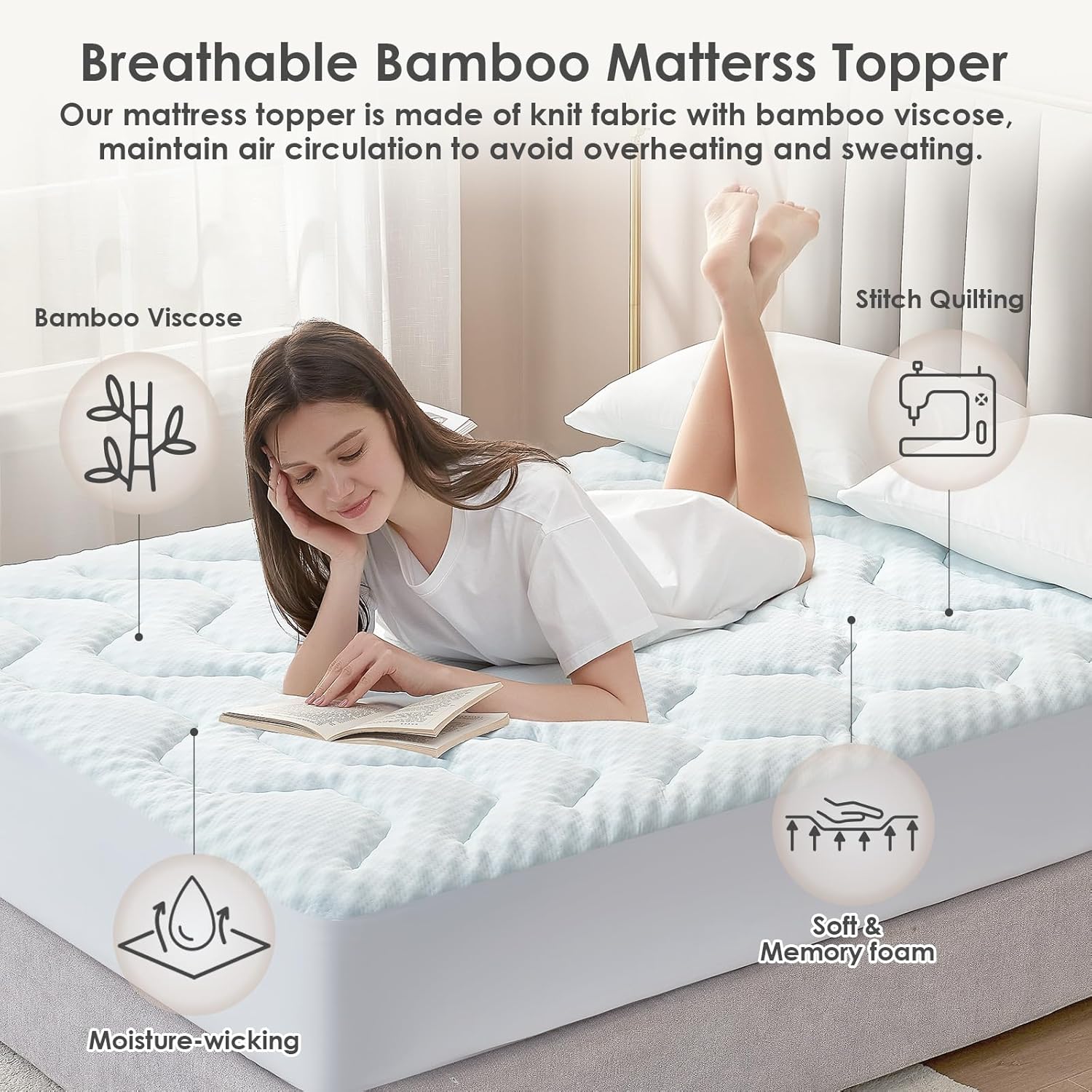 EHEYCIGA - surmatelas mémoire de forme - 150x200 cm - fibre rafraîchissante, poches profondes