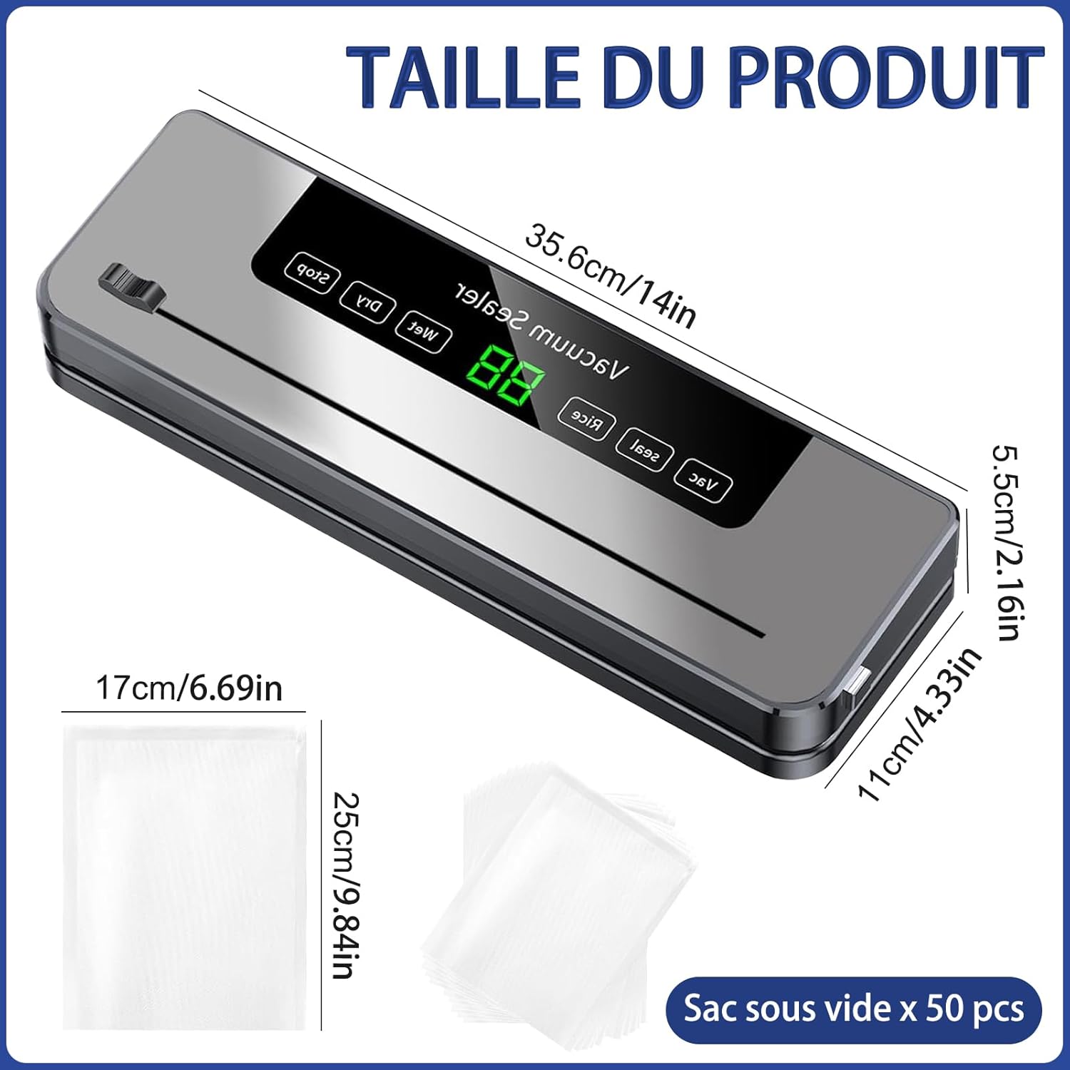 Machine sous vide alimentaire - 5 en 1 - avec 50 sacs - modes humide/sec, multifonction