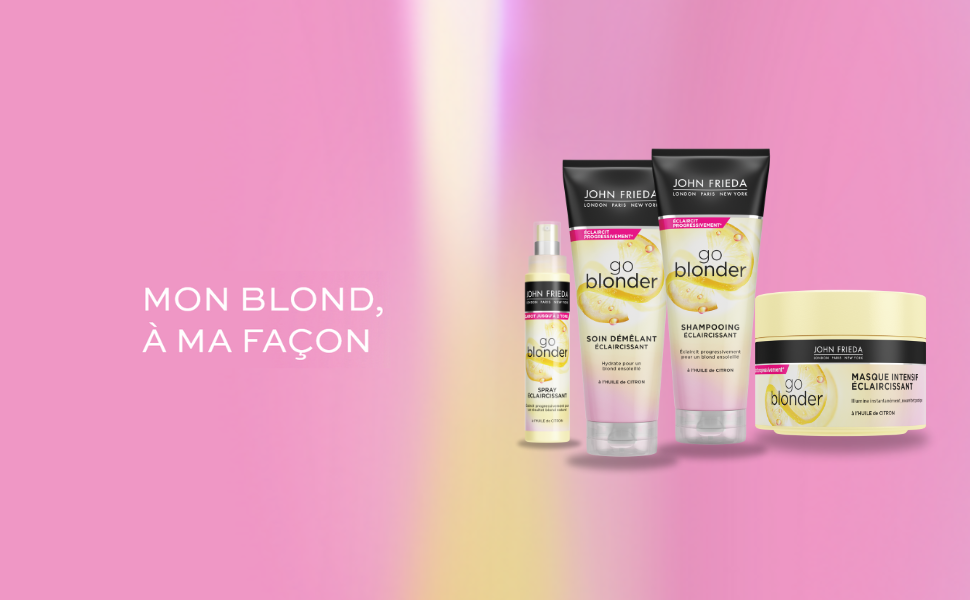 Le texte se lit comme suit : « MON BLOND, A MA FAÇON ». Présentation des produits de la gamme de soins capillaires comprenant des bouteilles, des tubes et des pots sur fond dégradé rose et arc-en-ciel.