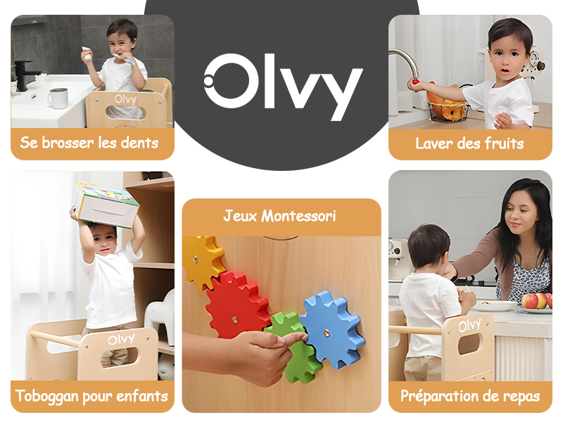 montrant des meubles en bois, des équipements, des jouets colorés et des scènes d'activités quotidiennes étiquetés en français avec le logo de la marque Olvy