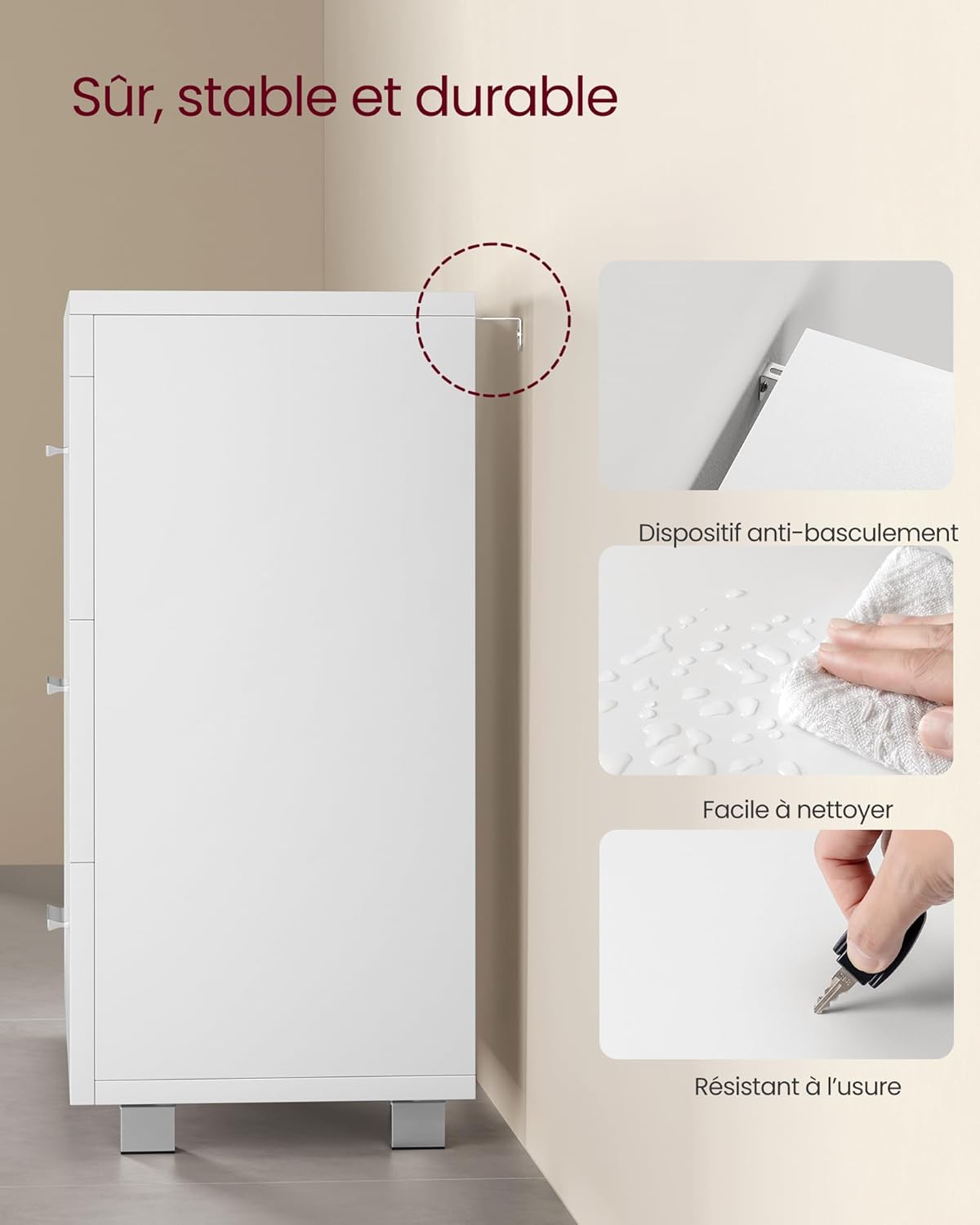 VASAGLE - meuble sous lavabo 70x30x64 cm, 3 tiroirs, blanc, BBK504W01