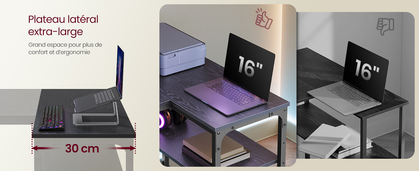 Le texte indique les mesures « 16 » et « 30 cm ». Plusieurs vues d'un écran d'ordinateur réglable ou d'un support pour ordinateur portable avec une surface violette.