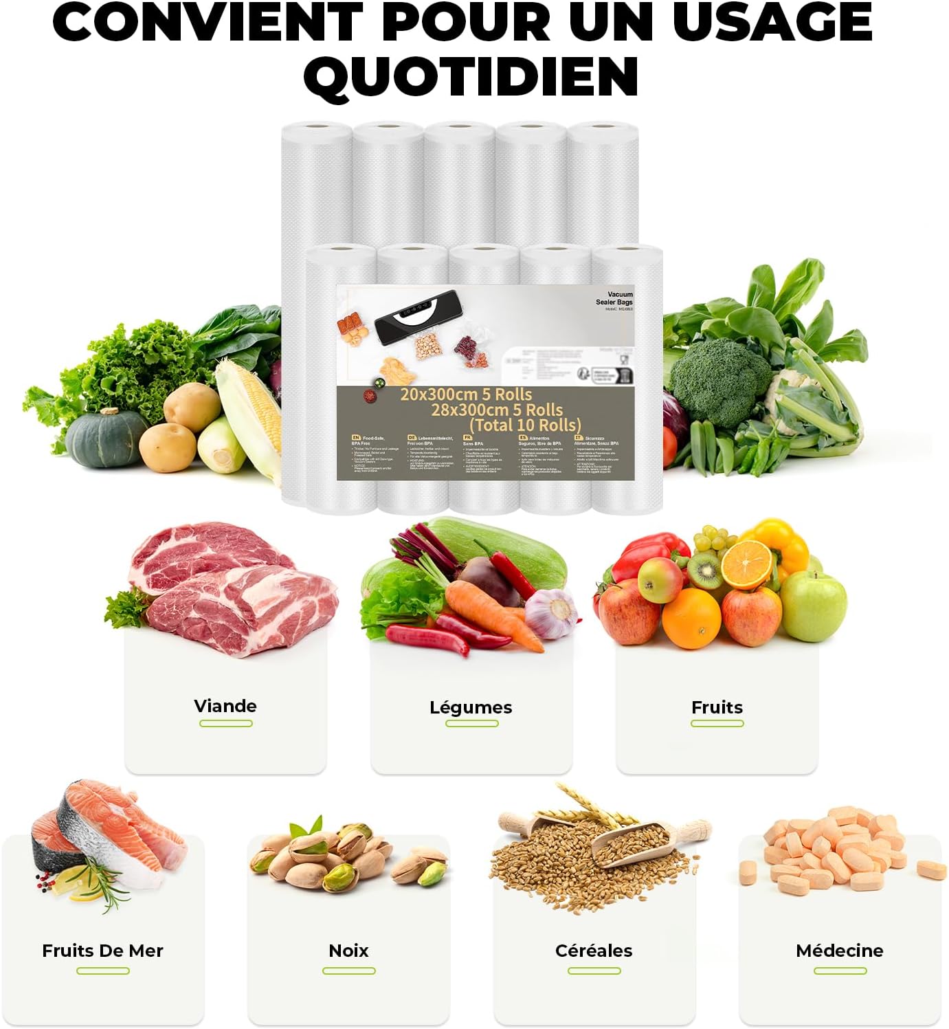 Rouleau sous vide alimentaire - lot de 10 - 28x300cm & 20x300cm - sans BPA, compatible machines sous vide