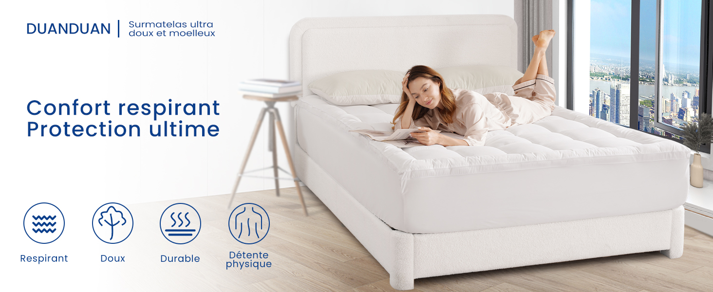 Le texte indique « Protection en mousse viscoélastique SURPCOS Comfort en ligne ». Matelas ou protège-matelas blanc avec superposition de texte d'information sur le produit.