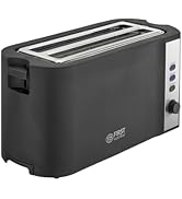 Angles multiples d'un appareil noir de style grille-pain avec deux fentes sur le dessus. Montre un design moderne et élégant avec des perspectives latérales et frontales.