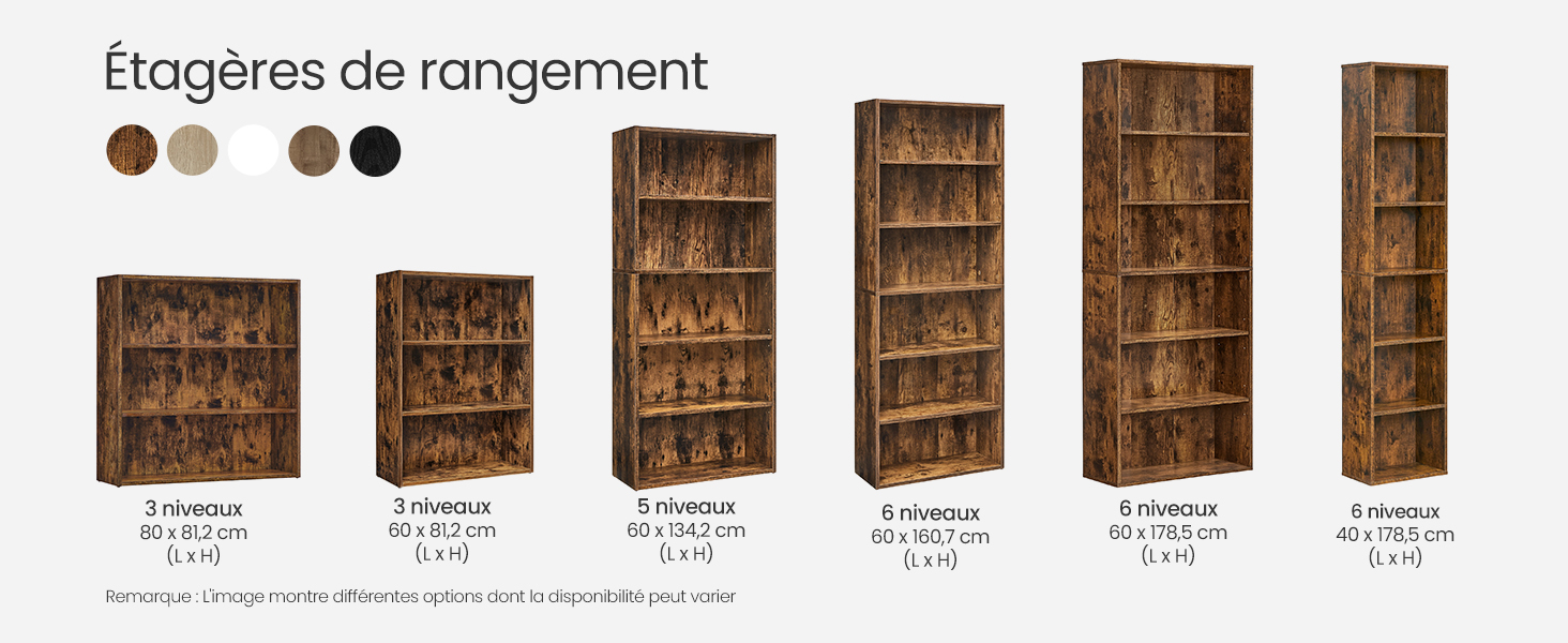 Six bibliothèques rustiques en bois de différentes hauteurs, montrant une progression de 2 à 7 étagères. Échantillons de couleurs et dimensions fournis pour chaque option de taille