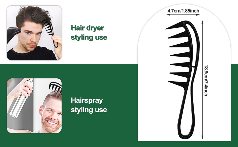 Illustration montrant un peigne de coiffage à dents larges dont les dimensions sont indiquées comme étant de 4,7 cm de largeur, ainsi que des images de démonstration pour l'utilisation d'un sèche-cheveux