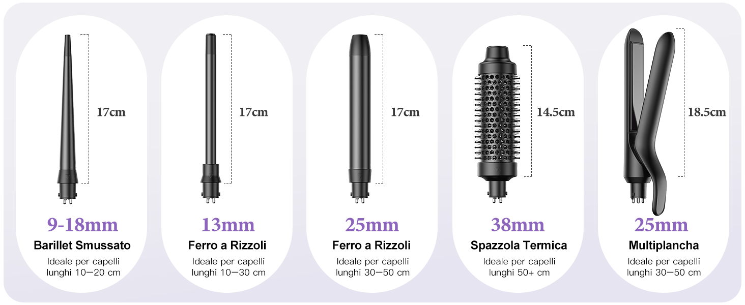 Gamme de cinq accessoires de coiffure différents illustrés avec les mesures. Chaque accessoire semble être un type différent de baril de coiffage ou de tête de brosse.